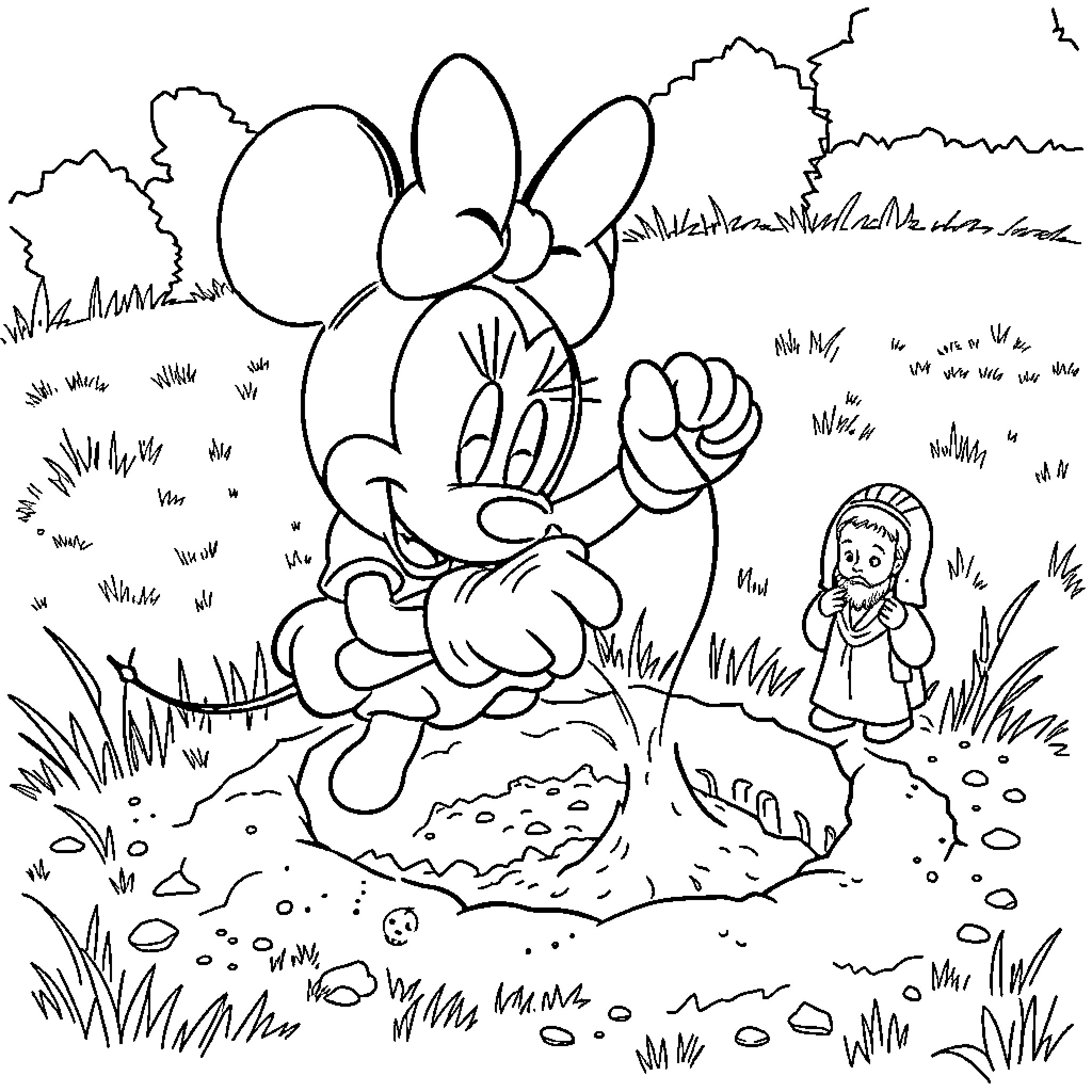 Minnie Mouse exploring the outdoors with a child Coloring Page (free black-and-white line drawing printable PDF for all, from beginners to advanced learners, including children, teens, adults, and seniors)