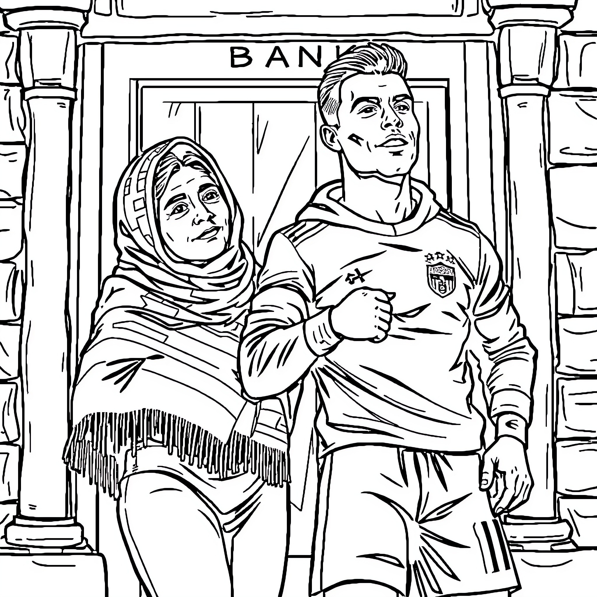 Abuelita and Nieto Visiting the Bank Coloring Page (free black-and-white line drawing printable PDF for all, from beginners to advanced learners, including children, teens, adults, and seniors)