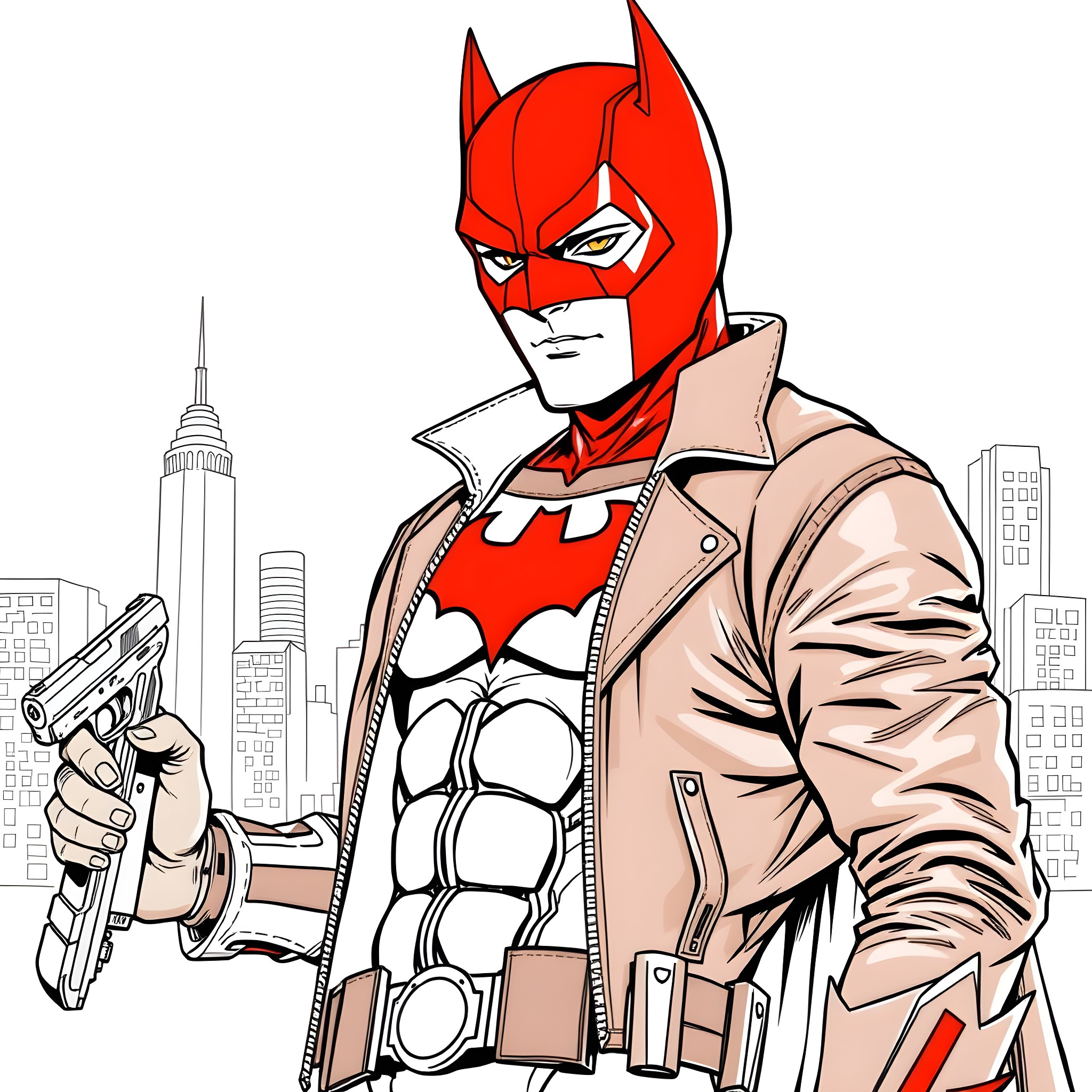 Red Hood: Vigilante in the City Coloring Page (free black-and-white line drawing printable PDF for all, from beginners to advanced learners, including children, teens, adults, and seniors)