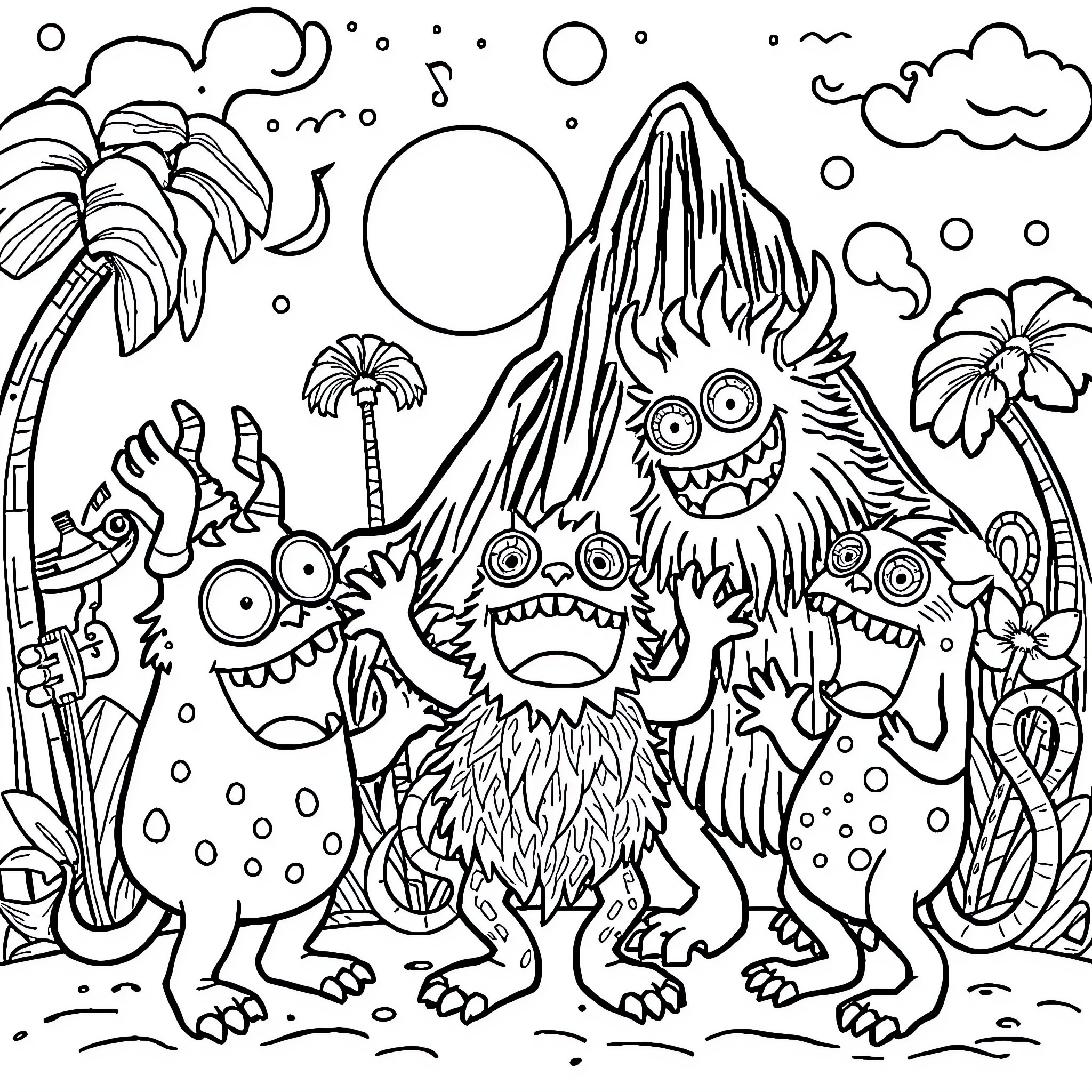 Monster Mayhem in a Tropical Paradise Coloring Page (free black-and-white line drawing printable PDF for all, from beginners to advanced learners, including children, teens, adults, and seniors)