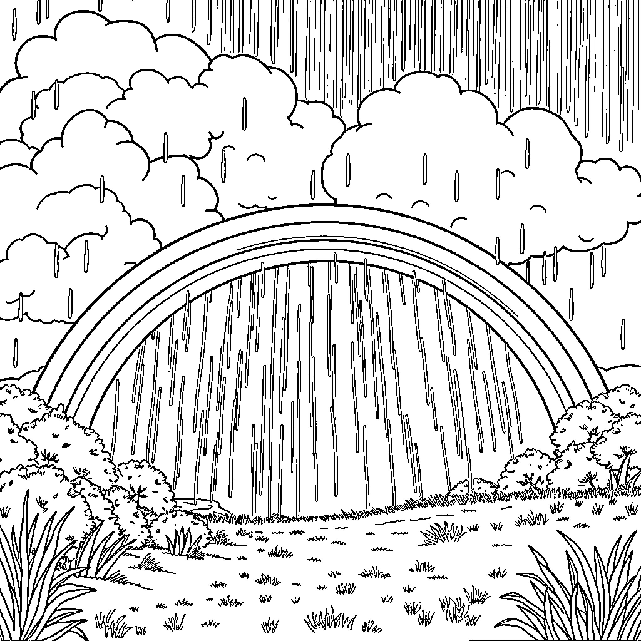 Rainbow Arch in the Rainy Forest Coloring Page (free black-and-white line drawing printable PDF for all, from beginners to advanced learners, including children, teens, adults, and seniors)