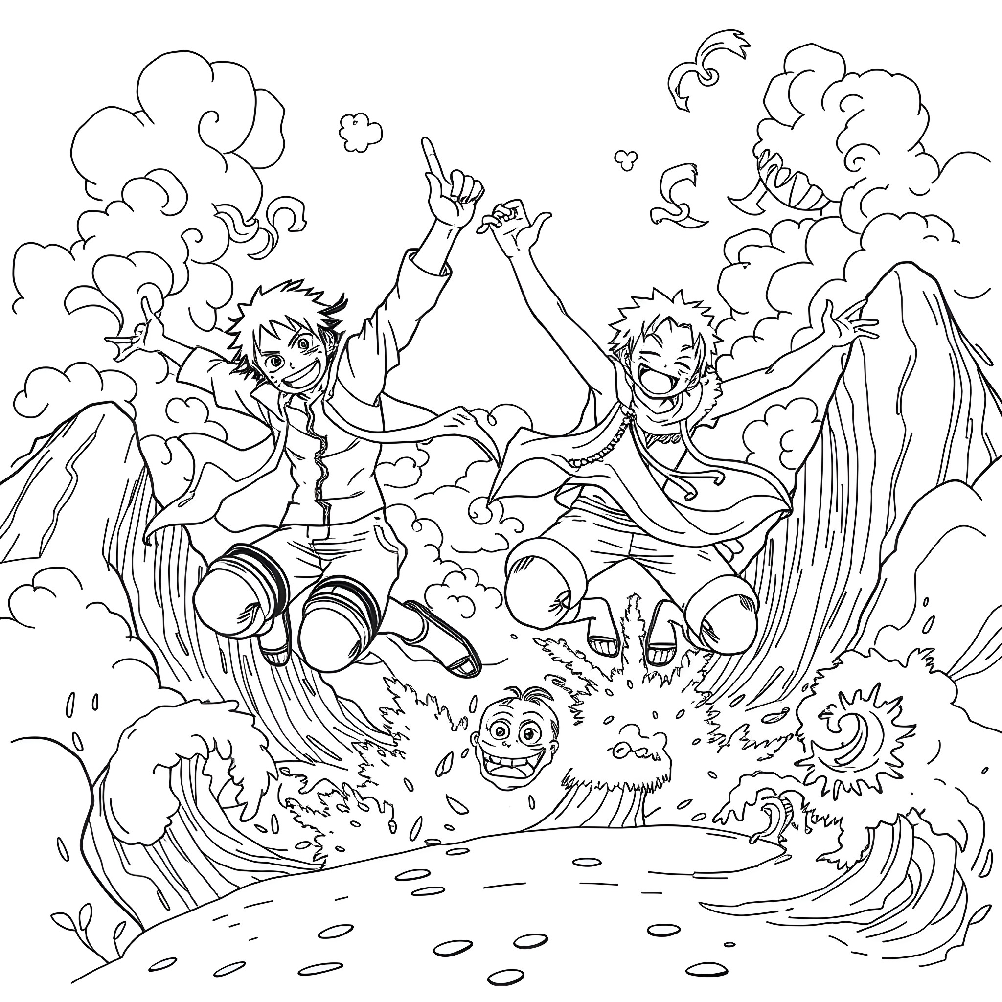 Naruto characters in action-packed scene Coloring Page (free black-and-white line drawing printable PDF for all, from beginners to advanced learners, including children, teens, adults, and seniors)