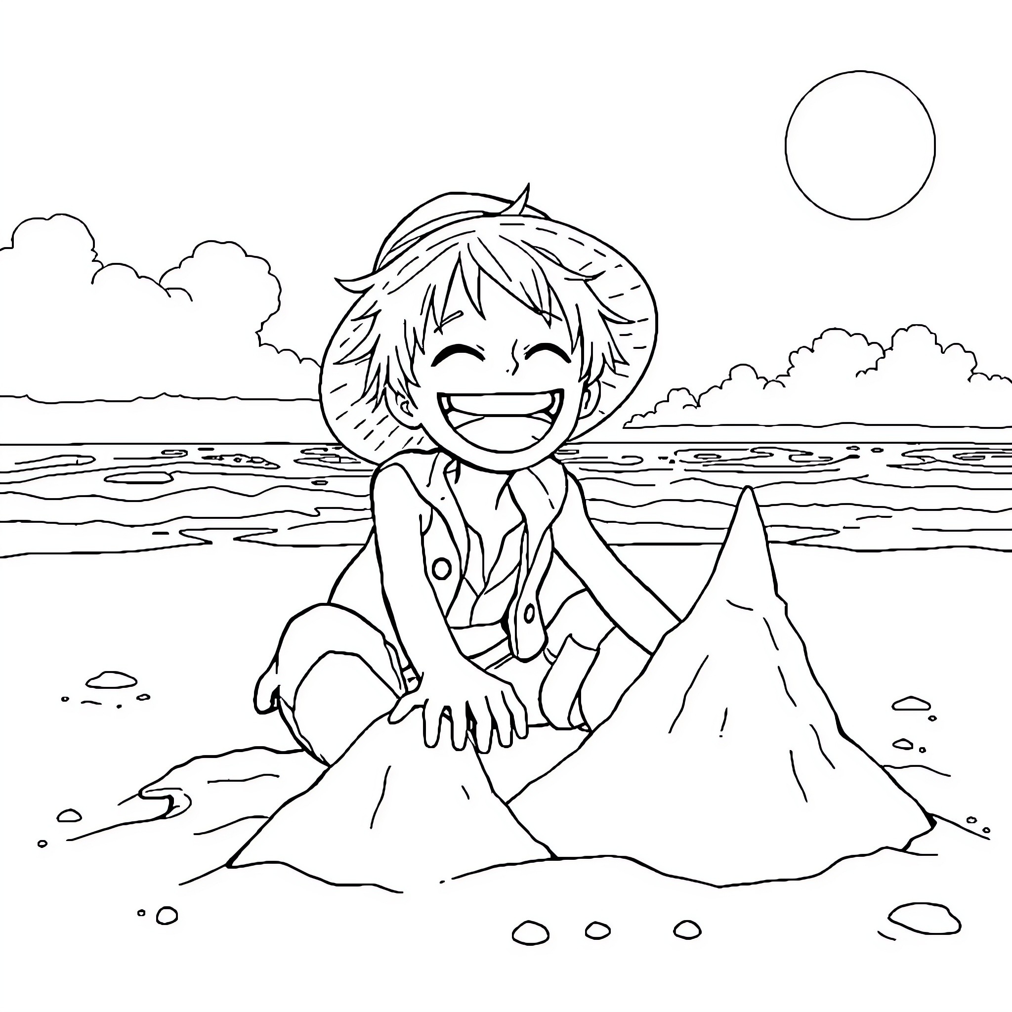 Luffy laughing joyfully on the beach Coloring Page (free black-and-white line drawing printable PDF for all, from beginners to advanced learners, including children, teens, adults, and seniors)