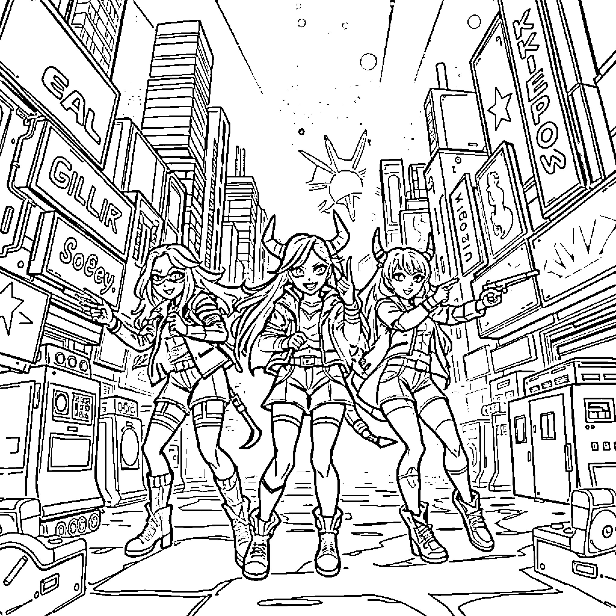 Zoey and her friends explore the lively city streets Coloring Page (free black-and-white line drawing printable PDF for all, from beginners to advanced learners, including children, teens, adults, and seniors)
