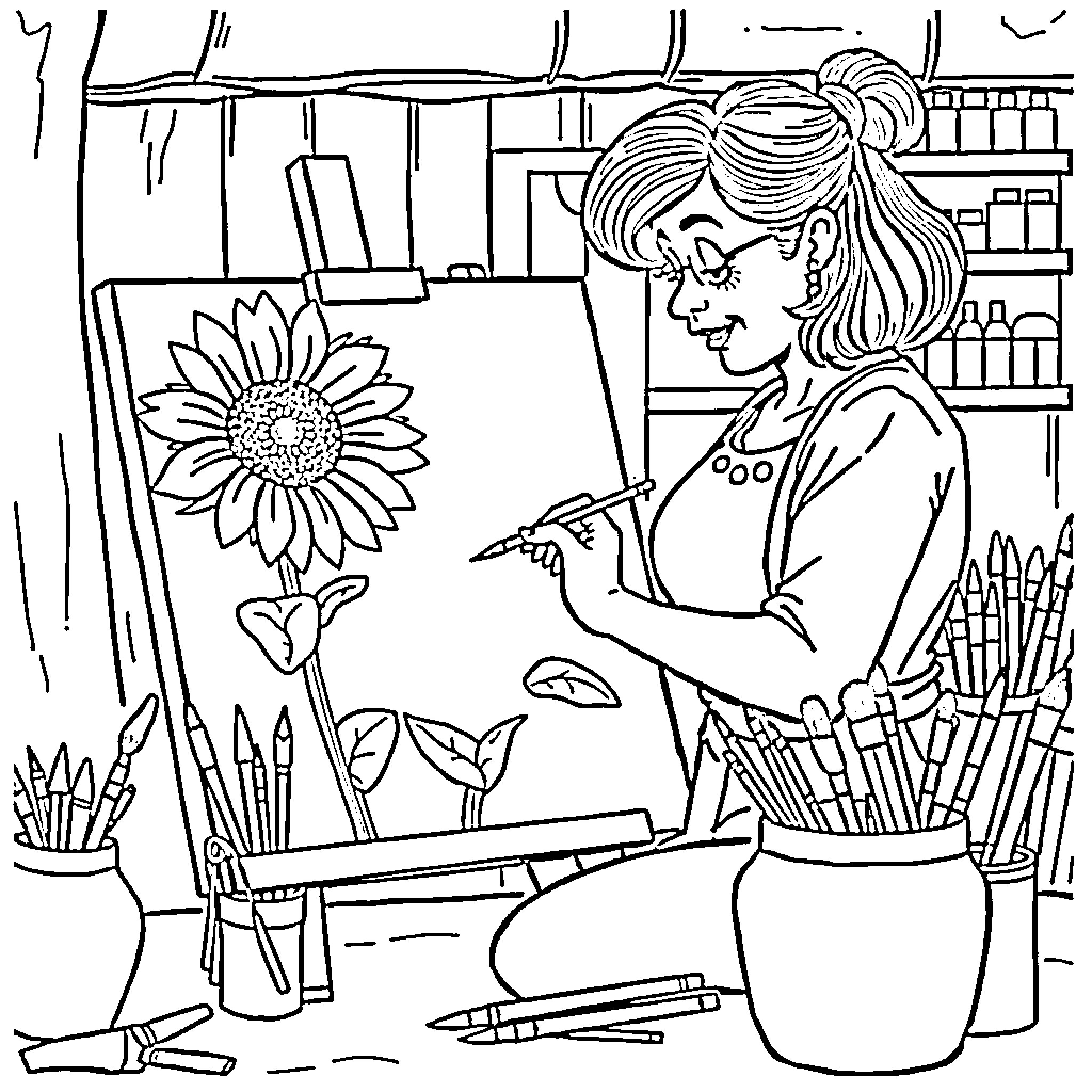 Sunflower painting in the artist's studio Coloring Page (free black-and-white line drawing printable PDF for all, from beginners to advanced learners, including children, teens, adults, and seniors)