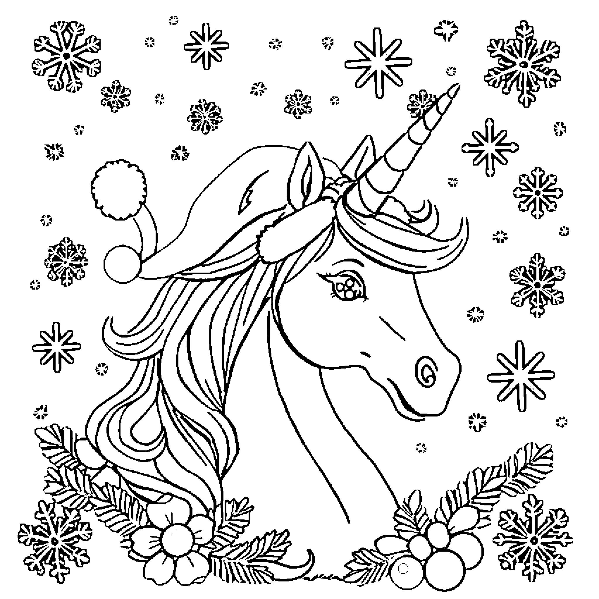 Unicorn surrounded by whimsical snowflakes and flora Coloring Page (free black-and-white line drawing printable PDF for all, from beginners to advanced learners, including children, teens, adults, and seniors)