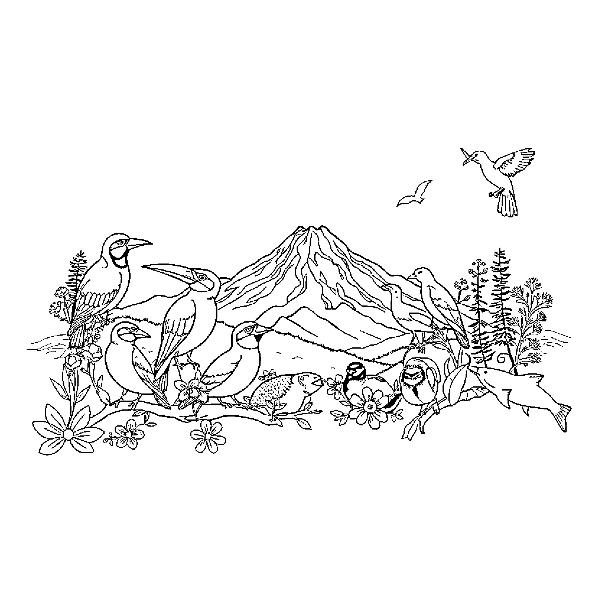 Animal scene with birds, flowers, and mountains Coloring Page (free black-and-white line drawing printable PDF for all, from beginners to advanced learners, including children, teens, adults, and seniors)