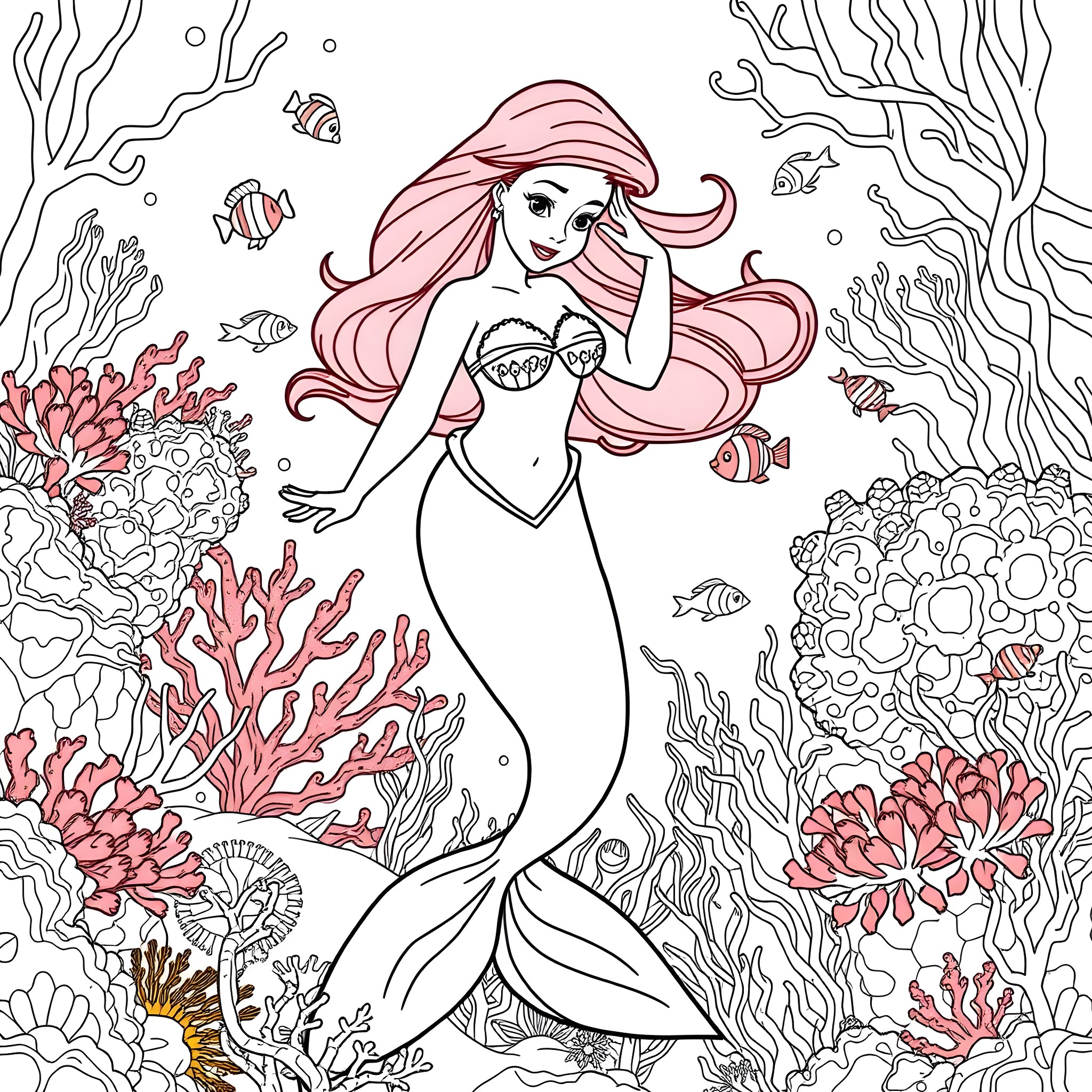 Ariel the Mermaid Exploring the Underwater Coral Reef Coloring Page (free black-and-white line drawing printable PDF for all, from beginners to advanced learners, including children, teens, adults, and seniors)