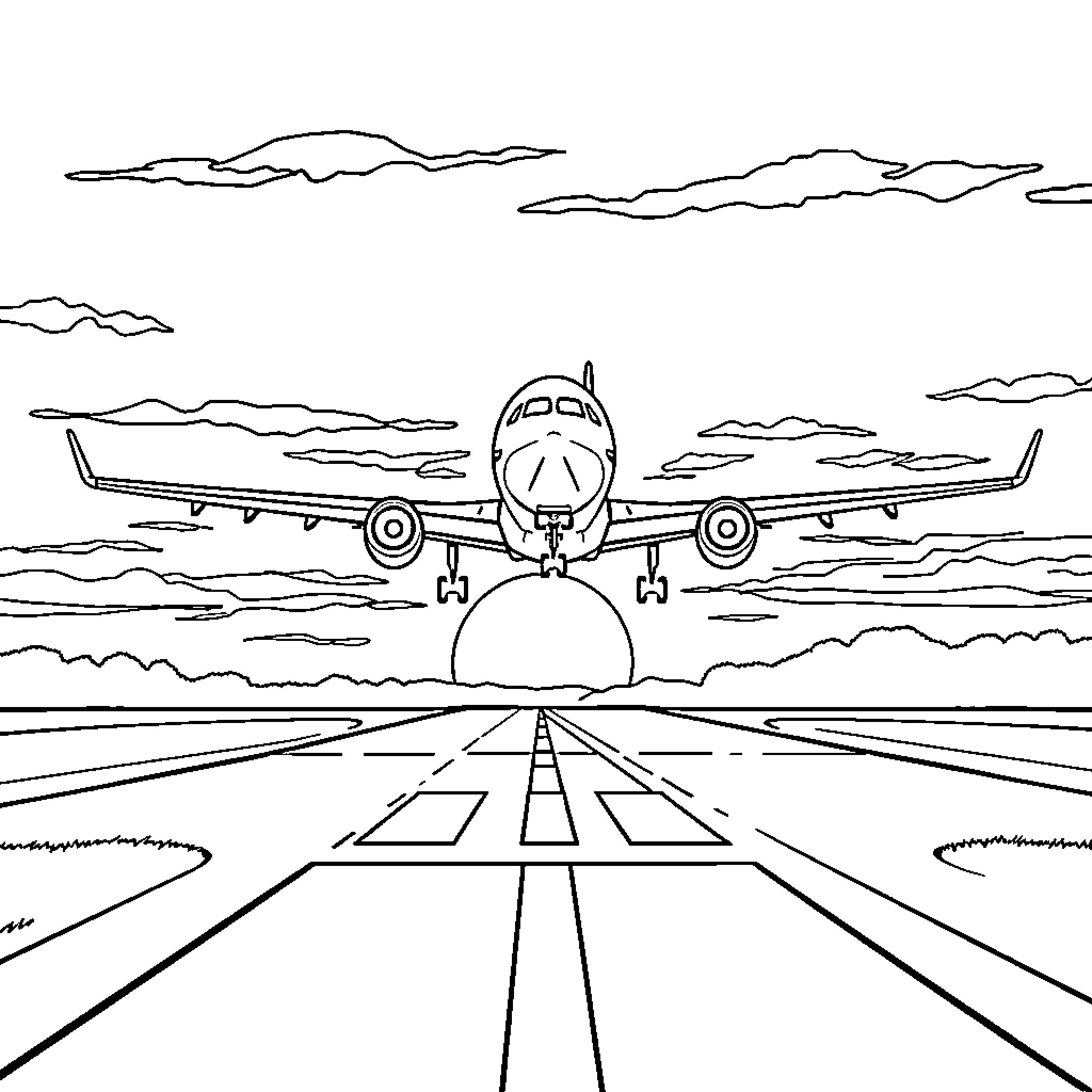 Airplane Taking Off from Runway Coloring Page (free black-and-white line drawing printable PDF for all, from beginners to advanced learners, including children, teens, adults, and seniors)