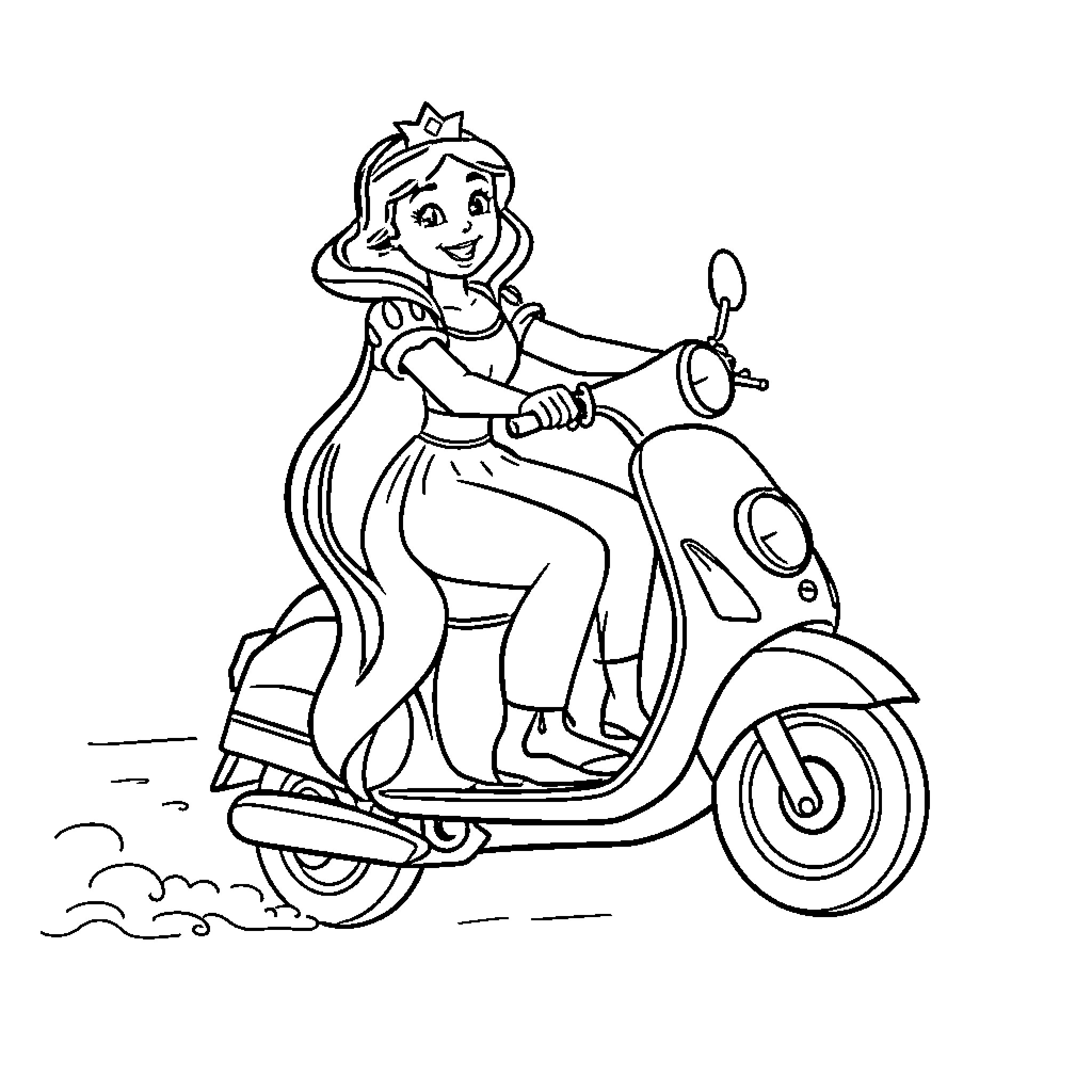 Princess riding a scooter happily Coloring Page (free black-and-white line drawing printable PDF for all, from beginners to advanced learners, including children, teens, adults, and seniors)