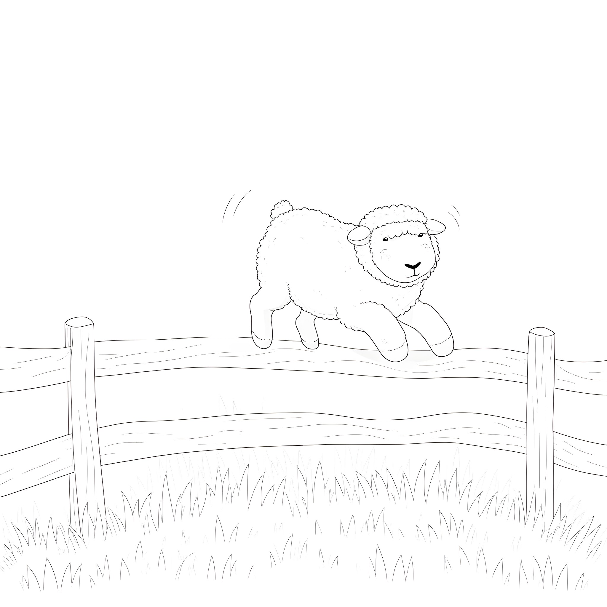 Sheep jumping over a fence in a grassy field Coloring Page (free black-and-white line drawing printable PDF for all, from beginners to advanced learners, including children, teens, adults, and seniors)