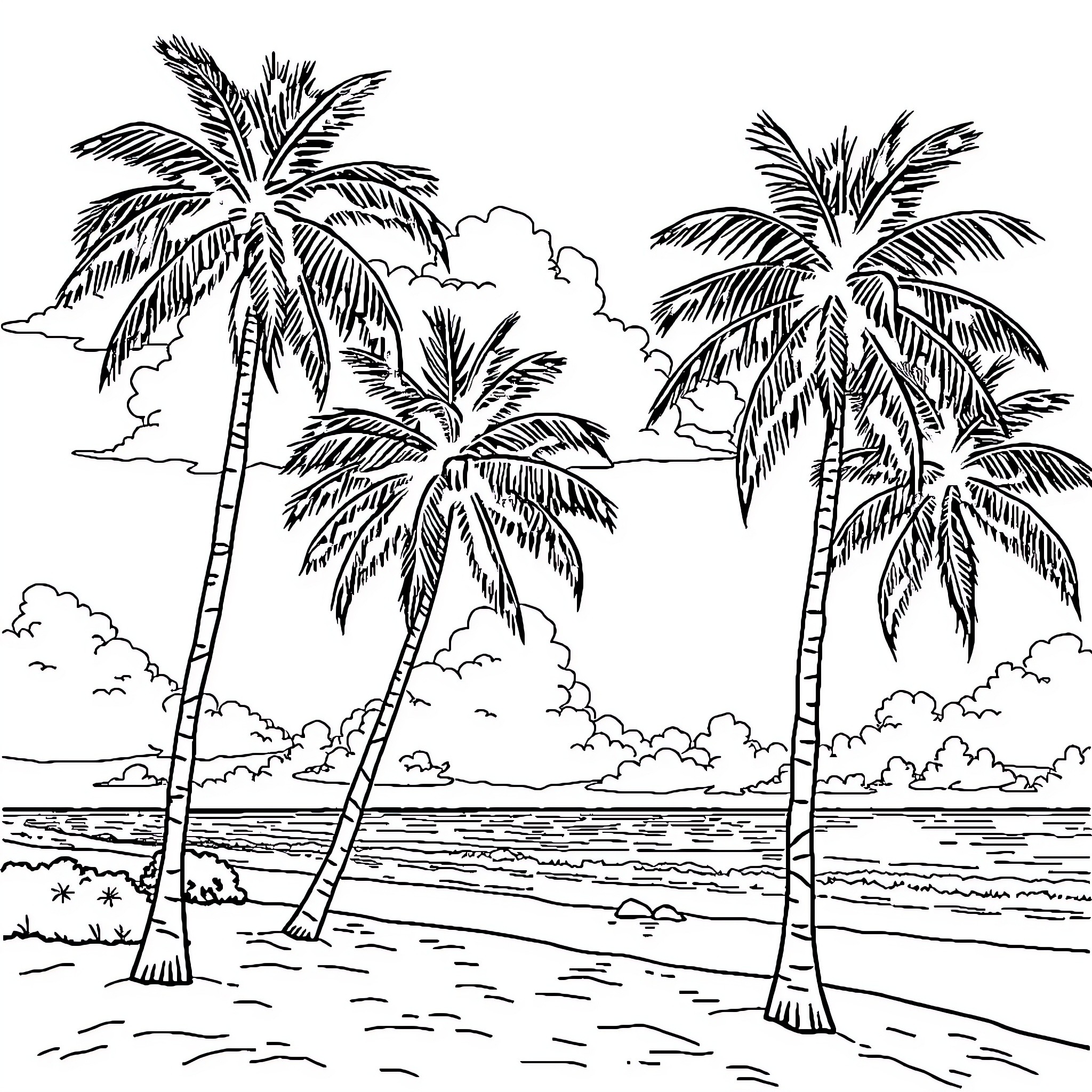 Palm Tree Seascape with Scenic Beach and Clouds Coloring Page (free black-and-white line drawing printable PDF for all, from beginners to advanced learners, including children, teens, adults, and seniors)