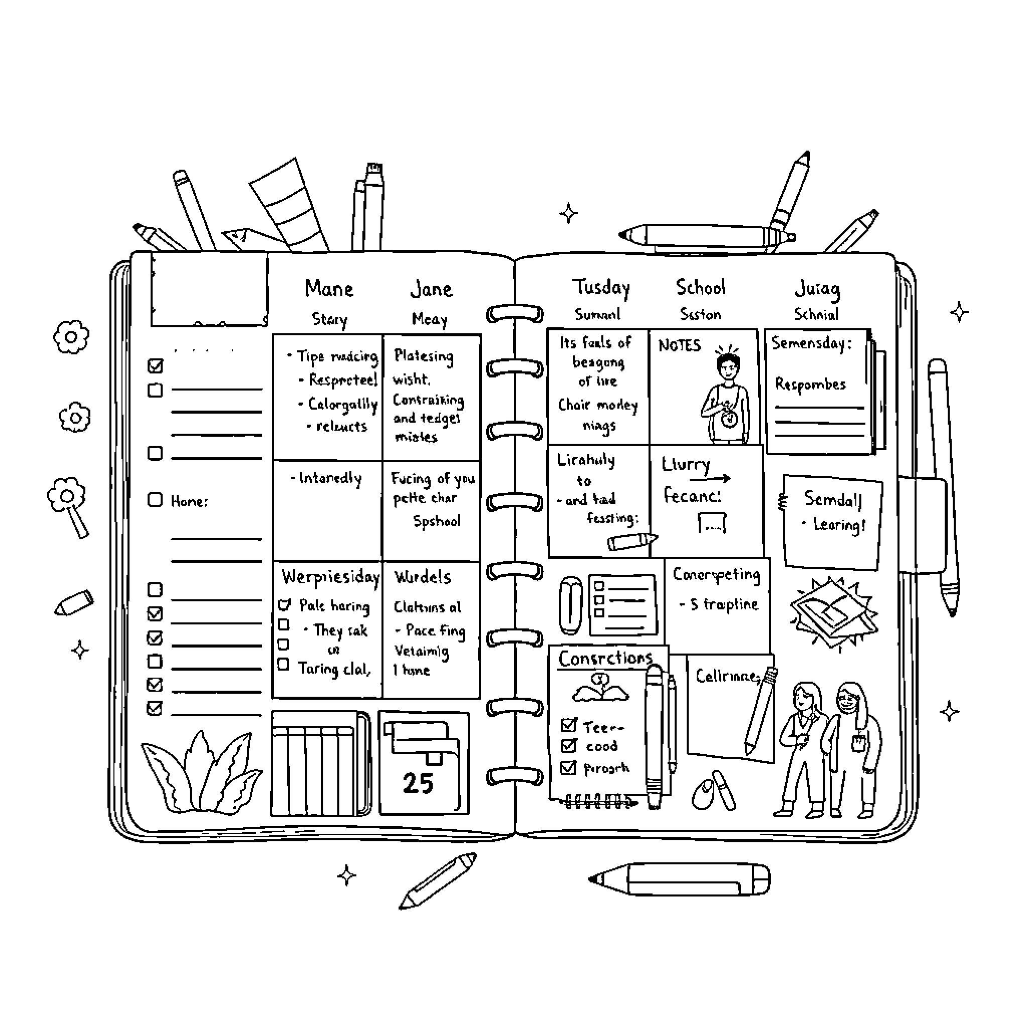Planner Filled with Notes, Schedules, and Illustrations Coloring Page (free black-and-white line drawing printable PDF for all, from beginners to advanced learners, including children, teens, adults, and seniors)