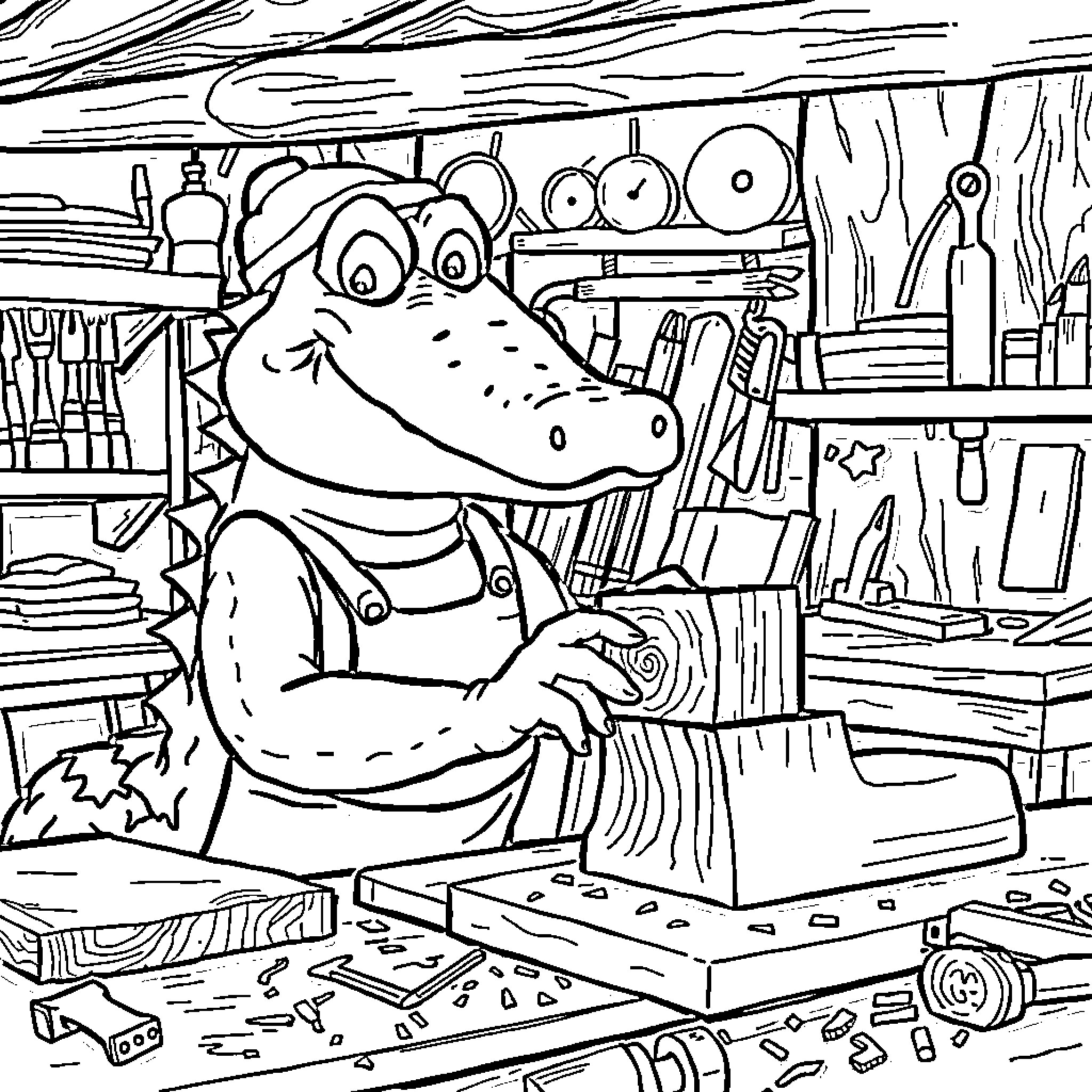 Alligator Handyman Working on Repairs in Cluttered Workshop Coloring Page (free black-and-white line drawing printable PDF for all, from beginners to advanced learners, including children, teens, adults, and seniors)