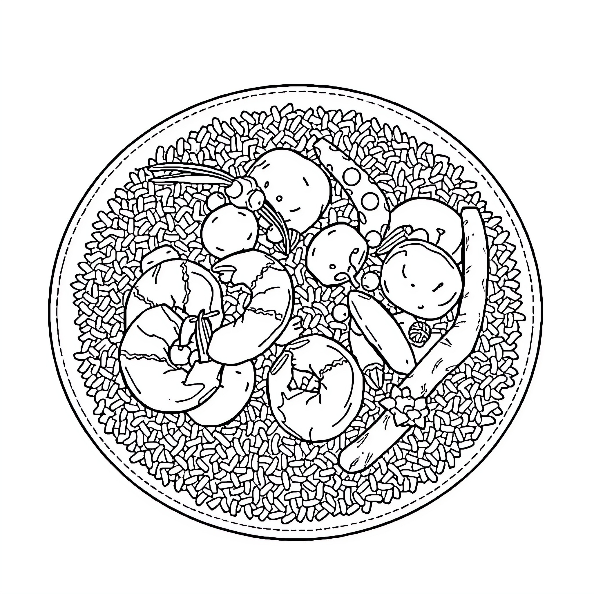 Paella of whimsical sea creatures Coloring Page (free black-and-white line drawing printable PDF for all, from beginners to advanced learners, including children, teens, adults, and seniors)