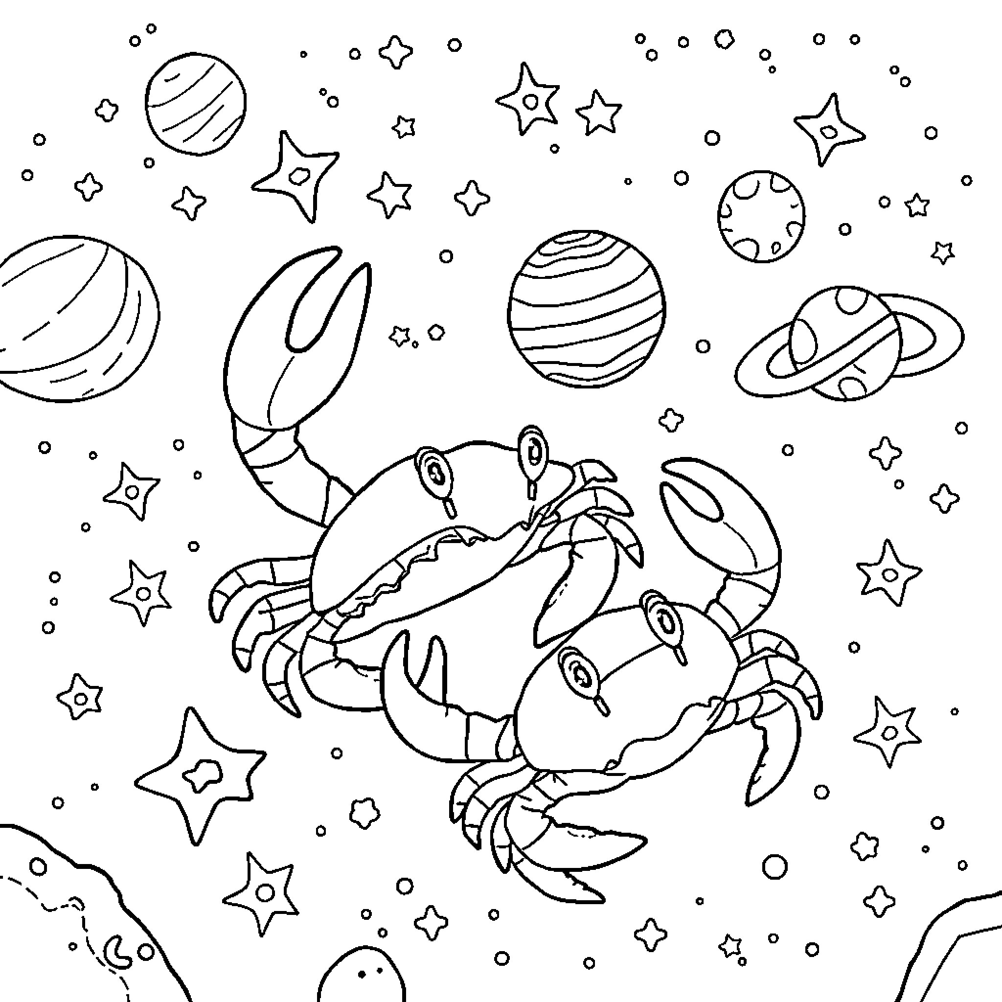 Hermit Crab Exploring the Starry Galaxy Coloring Page (free black-and-white line drawing printable PDF for all, from beginners to advanced learners, including children, teens, adults, and seniors)