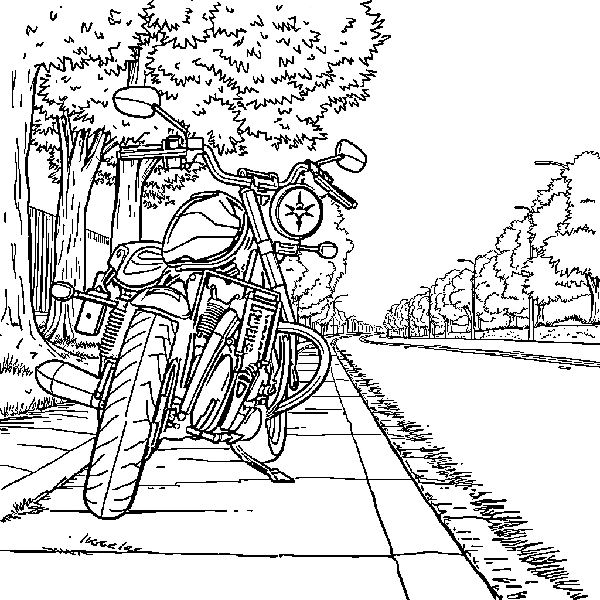 Moto Adventure on Country Road Coloring Page (free black-and-white line drawing printable PDF for all, from beginners to advanced learners, including children, teens, adults, and seniors)