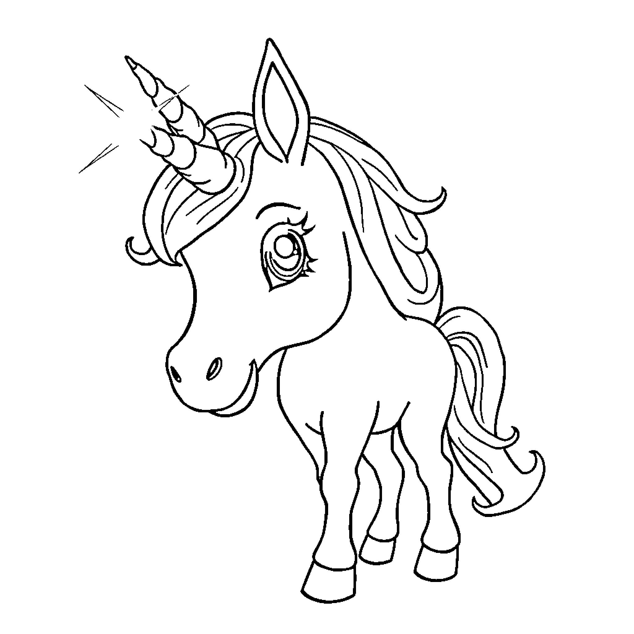 Unicorn with majestic horn and playful expression Coloring Page (free black-and-white line drawing printable PDF for all, from beginners to advanced learners, including children, teens, adults, and seniors)