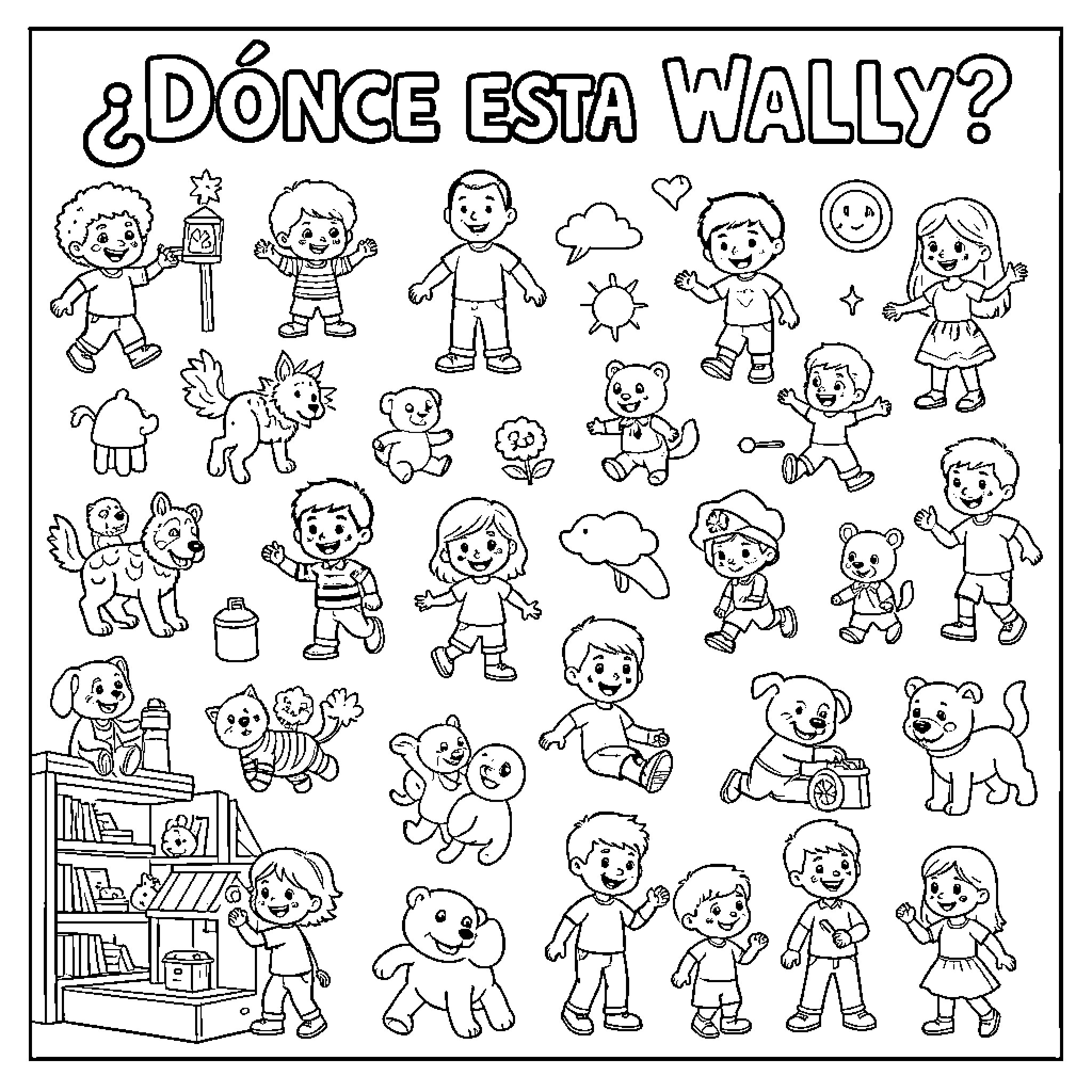 Where's Wally? Crowd of playful children with toys and animals Coloring Page (free black-and-white line drawing printable PDF for all, from beginners to advanced learners, including children, teens, adults, and seniors)