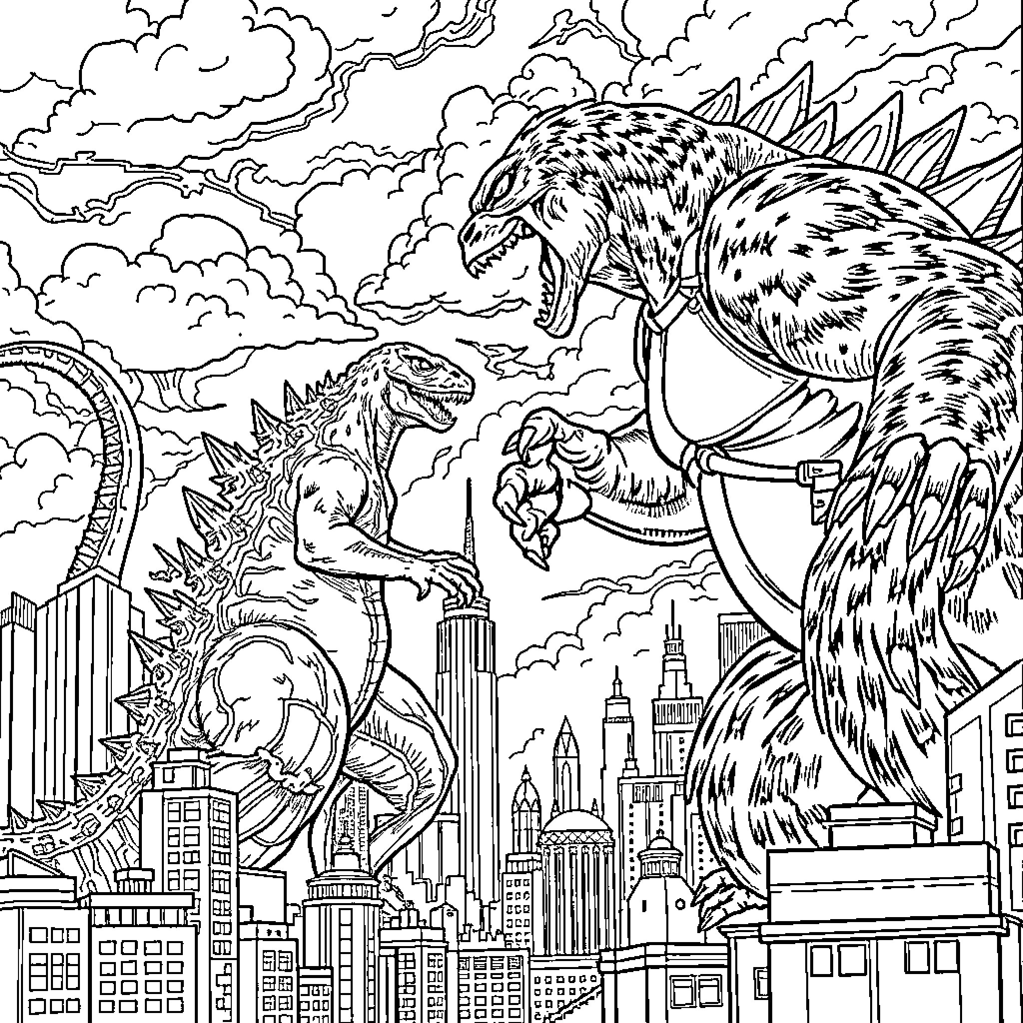 Godzilla and Kaiju Monster Destroy City Skyline Coloring Page (free black-and-white line drawing printable PDF for all, from beginners to advanced learners, including children, teens, adults, and seniors)