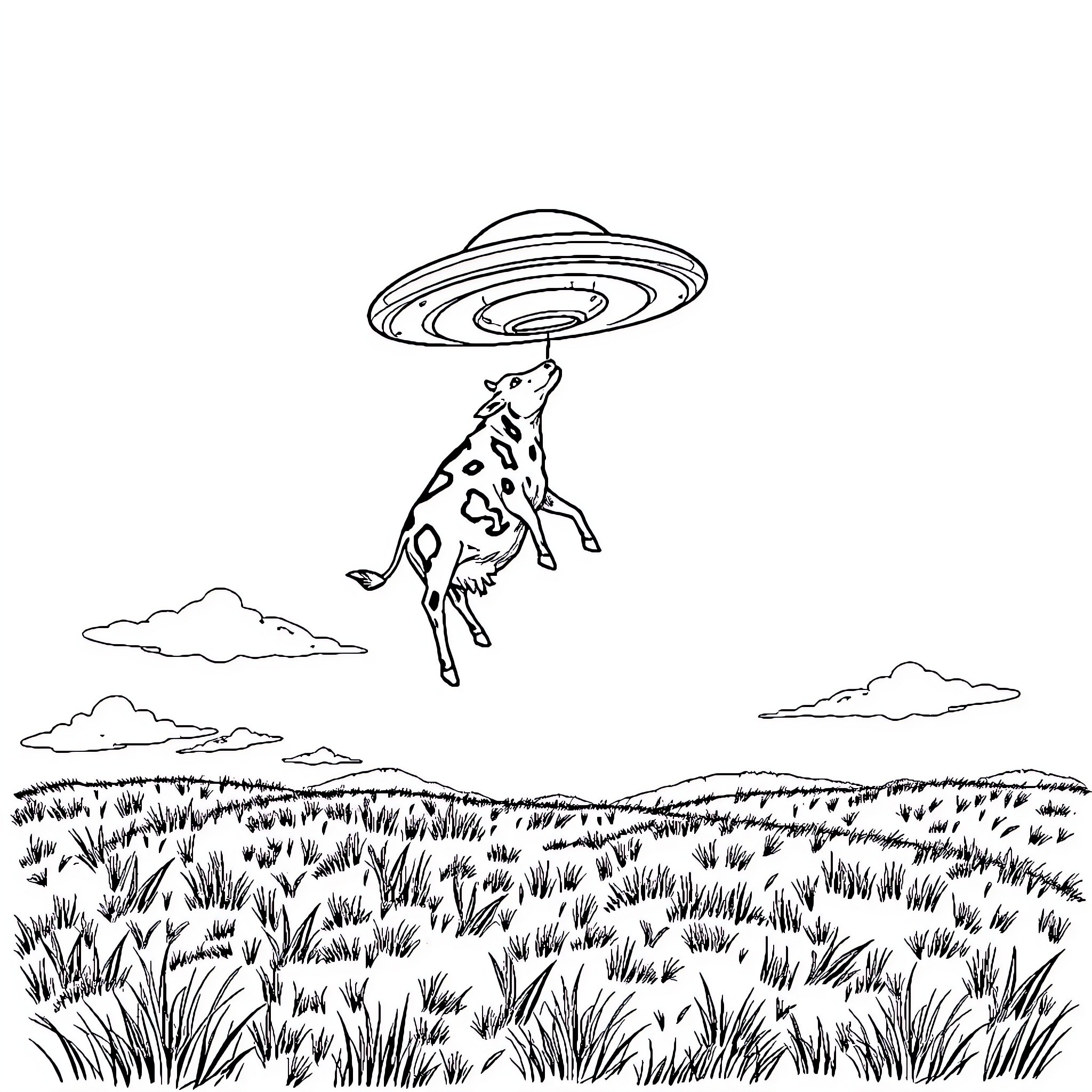 UFO abducting spotted dog in rural landscape Coloring Page (free black-and-white line drawing printable PDF for all, from beginners to advanced learners, including children, teens, adults, and seniors)