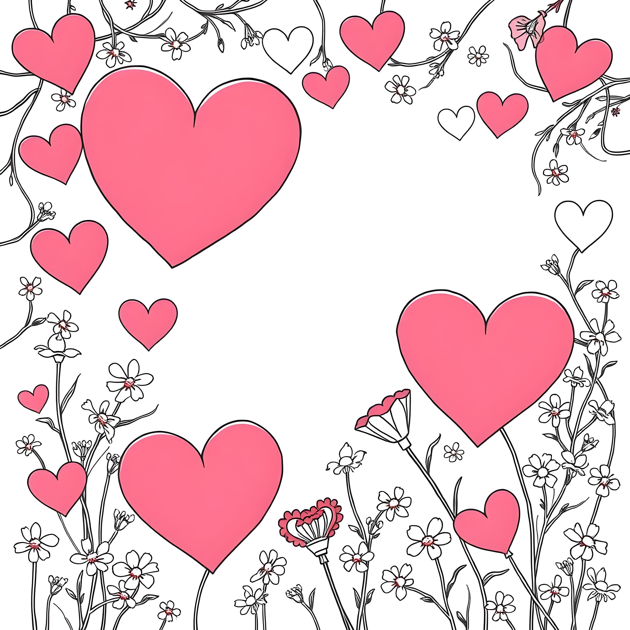 Heart-shaped symbols and flowers in a romantic scene Coloring Page (free black-and-white line drawing printable PDF for all, from beginners to advanced learners, including children, teens, adults, and seniors)