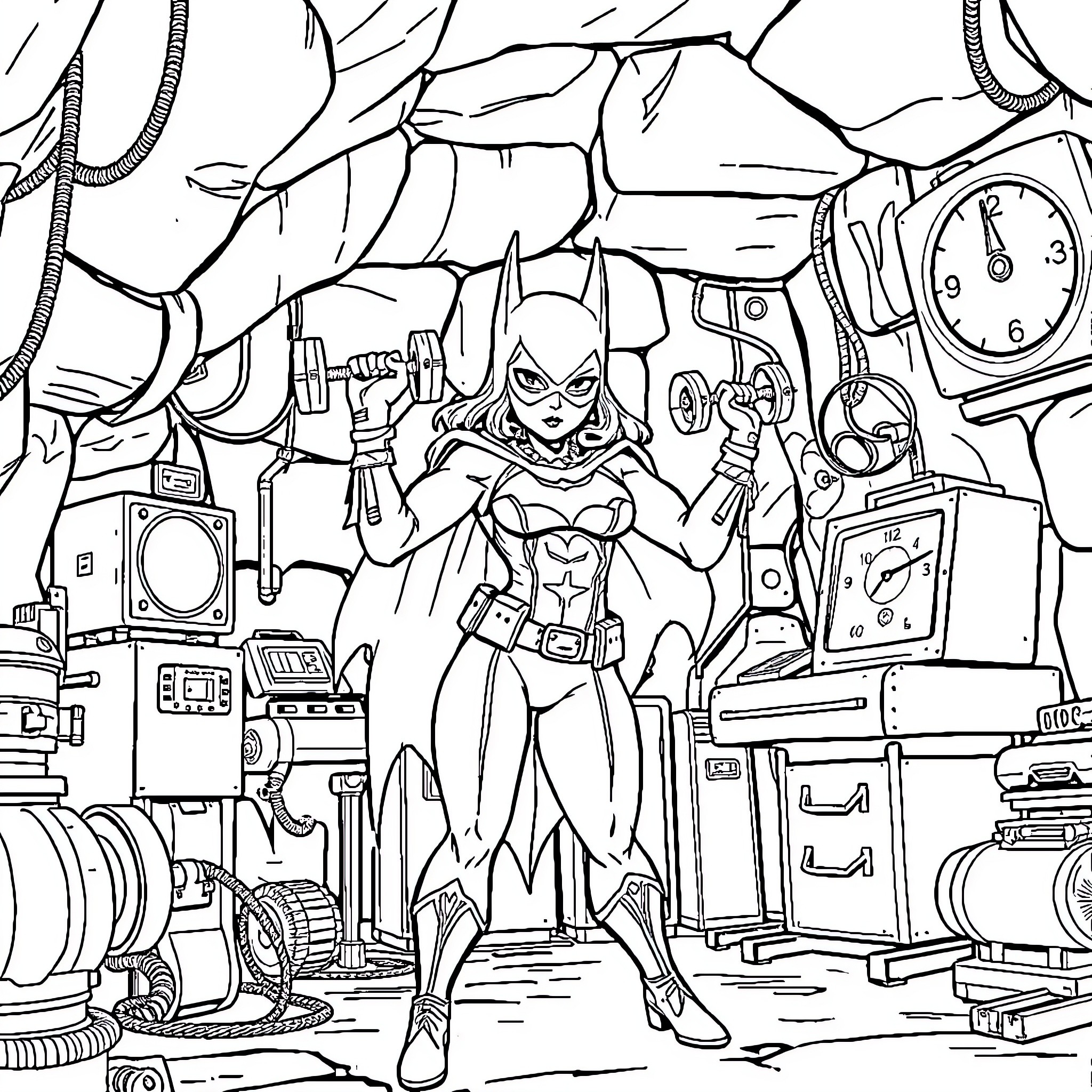 Batgirl in Action-Packed Superhero Scenario Coloring Page (free black-and-white line drawing printable PDF for all, from beginners to advanced learners, including children, teens, adults, and seniors)