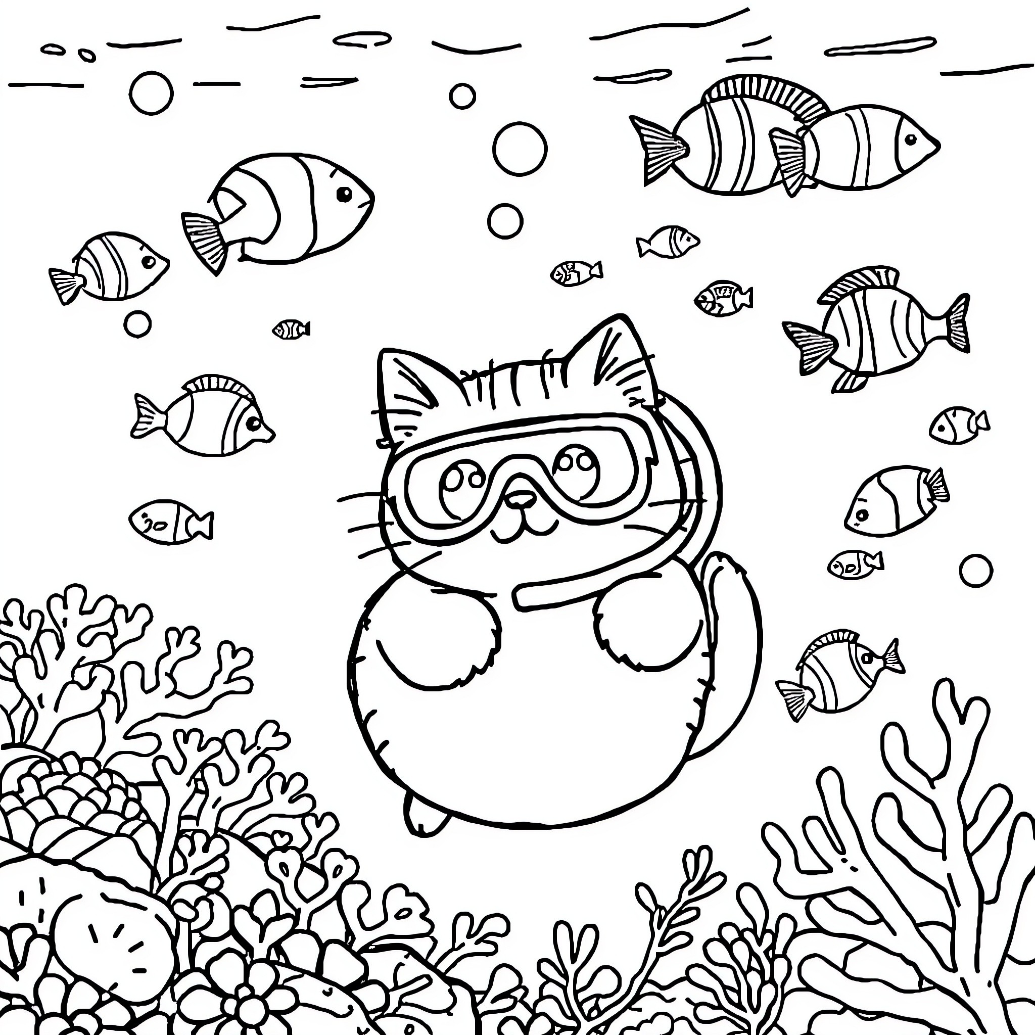 Pusheen Scuba Diving with Tropical Fish Coloring Page (free black-and-white line drawing printable PDF for all, from beginners to advanced learners, including children, teens, adults, and seniors)