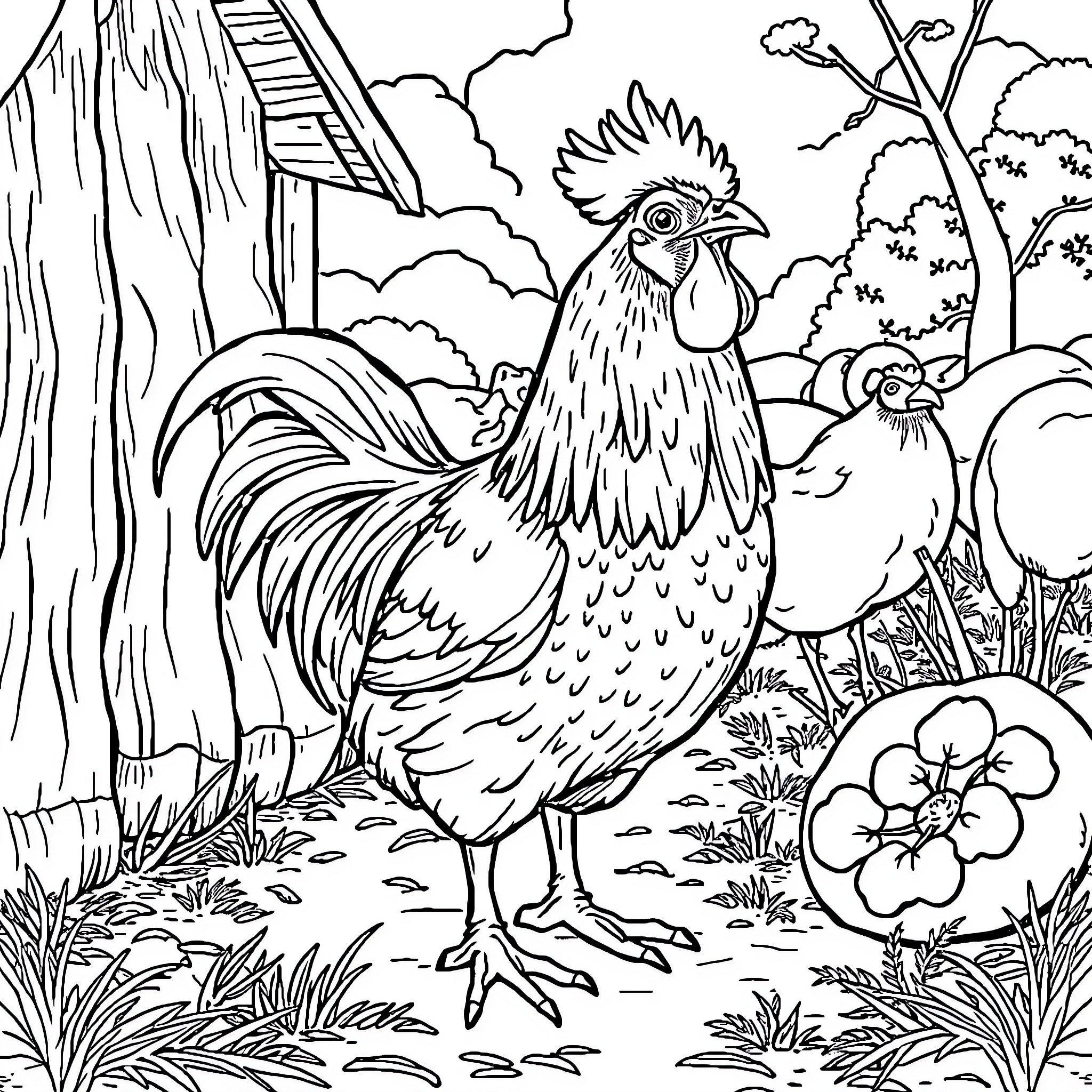 Rooster standing proudly in a rural landscape Coloring Page (free black-and-white line drawing printable PDF for all, from beginners to advanced learners, including children, teens, adults, and seniors)