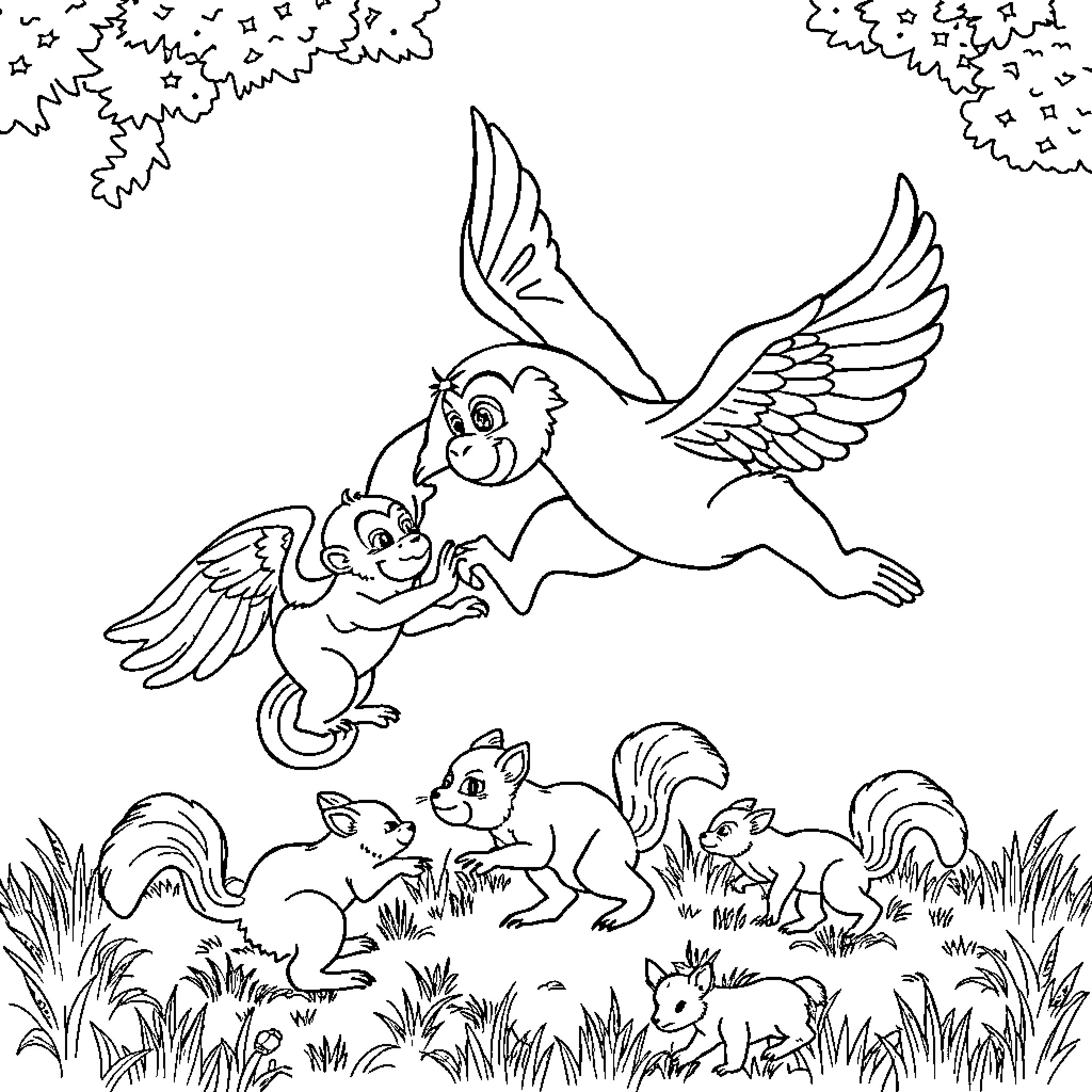 Monkey friends playing in the forest Coloring Page (free black-and-white line drawing printable PDF for all, from beginners to advanced learners, including children, teens, adults, and seniors)