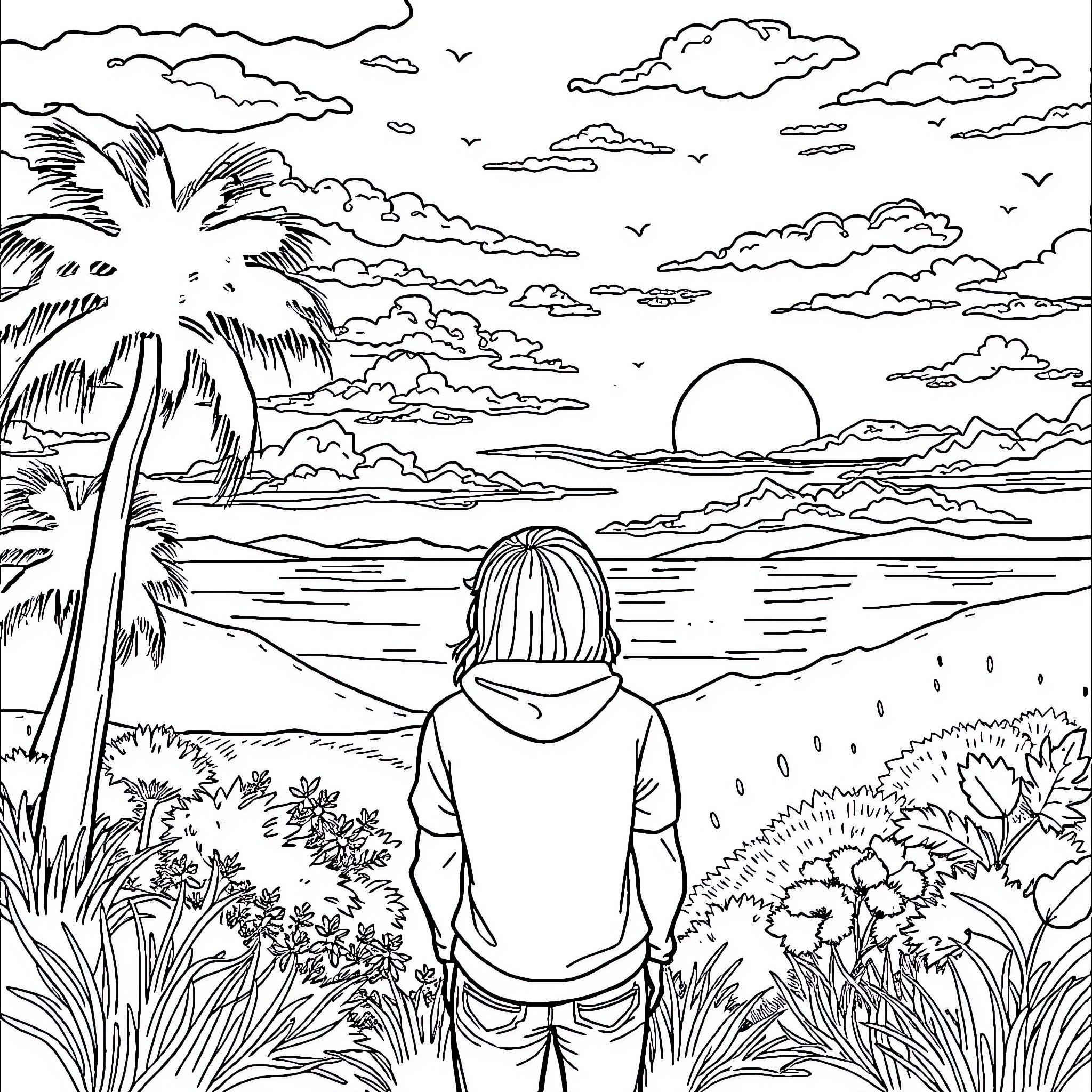 Person admiring scenic sunset on tropical beach Coloring Page (free black-and-white line drawing printable PDF for all, from beginners to advanced learners, including children, teens, adults, and seniors)