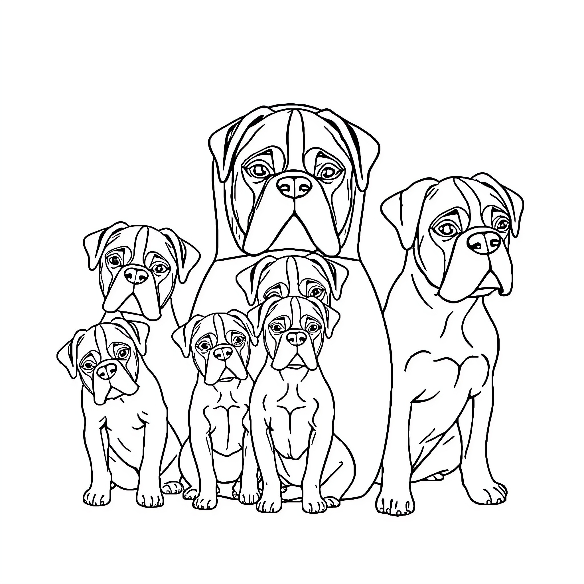 Boxer Dogs in Family Portrait Coloring Page (free black-and-white line drawing printable PDF for all, from beginners to advanced learners, including children, teens, adults, and seniors)