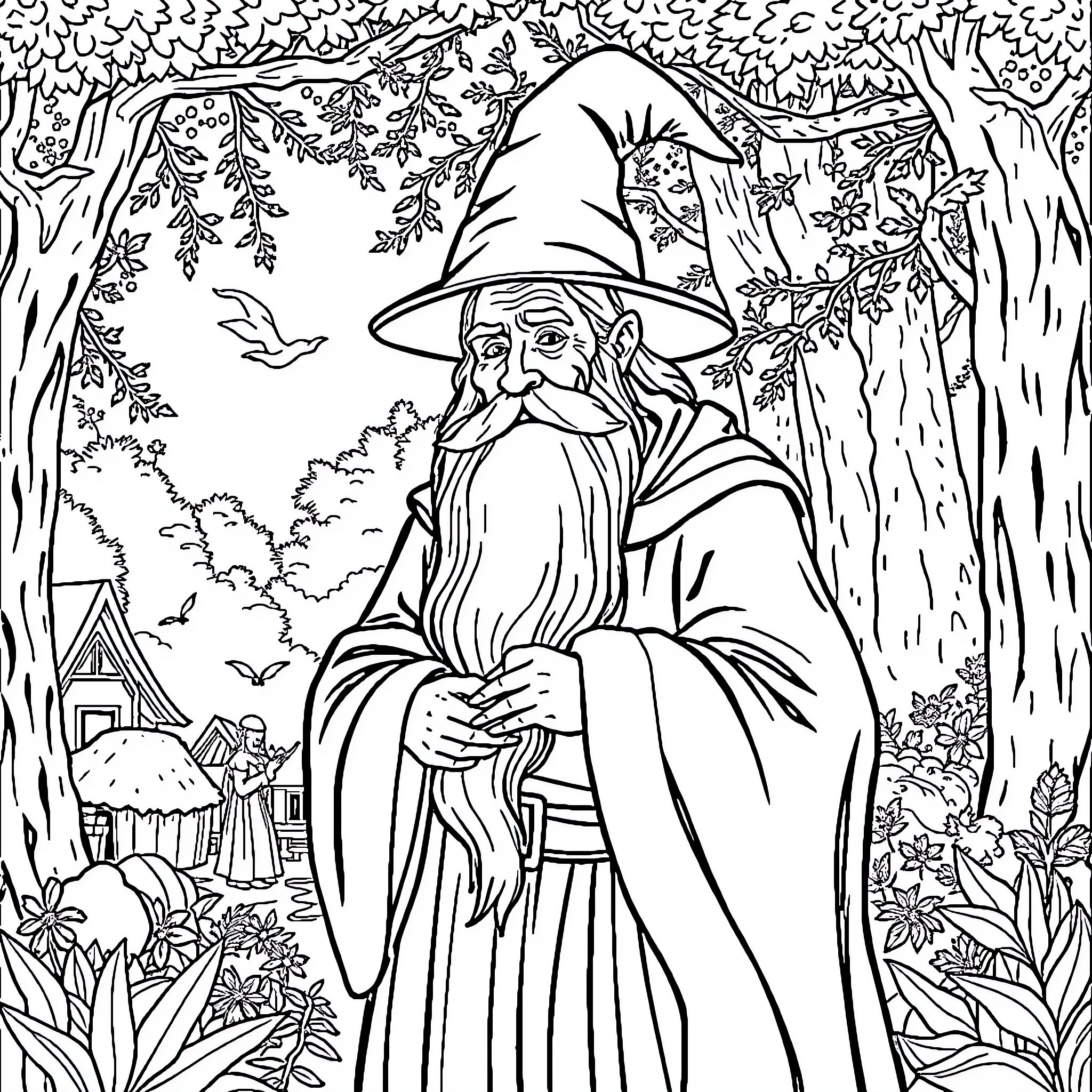 Wizard in the Enchanted Forest Coloring Page (free black-and-white line drawing printable PDF for all, from beginners to advanced learners, including children, teens, adults, and seniors)
