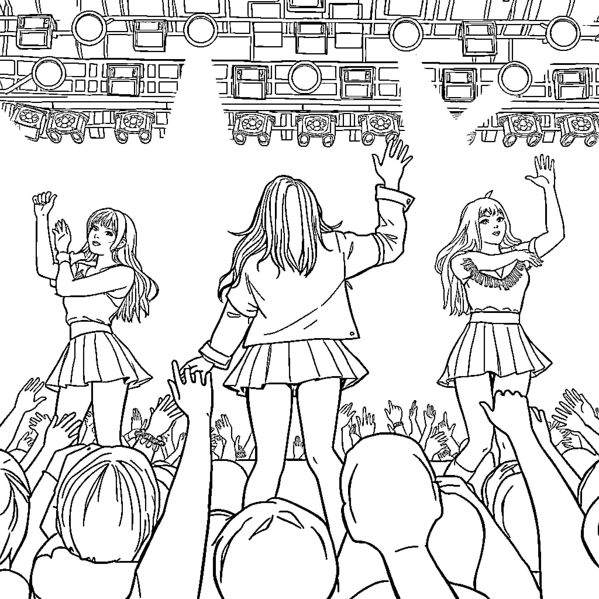 Blackpink rocking the stage with energetic performances Coloring Page (free black-and-white line drawing printable PDF for all, from beginners to advanced learners, including children, teens, adults, and seniors)