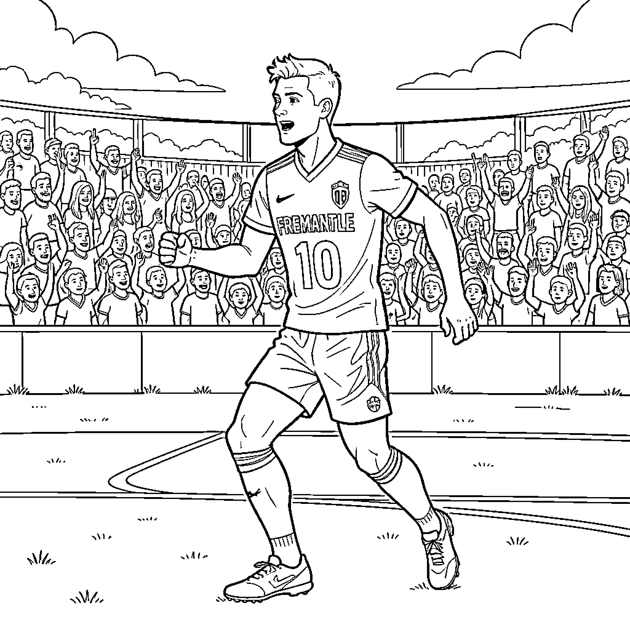 Fremantle Docker player celebrating a goal in front of fans Coloring Page (free black-and-white line drawing printable PDF for all, from beginners to advanced learners, including children, teens, adults, and seniors)