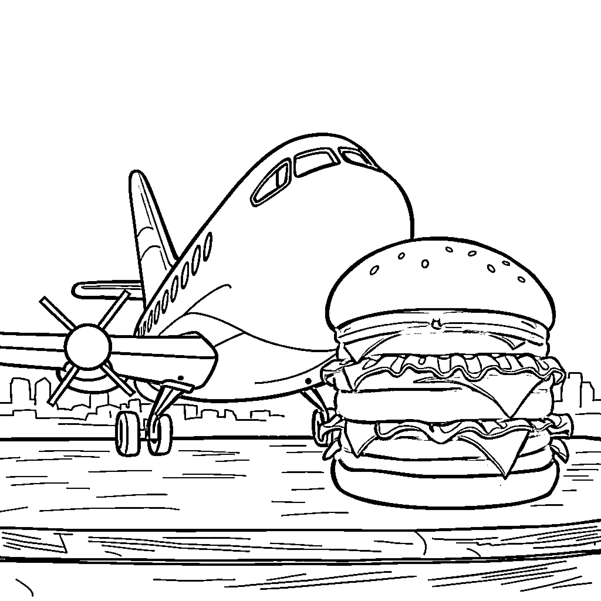 Airplane taking off with a giant burger Coloring Page (free black-and-white line drawing printable PDF for all, from beginners to advanced learners, including children, teens, adults, and seniors)