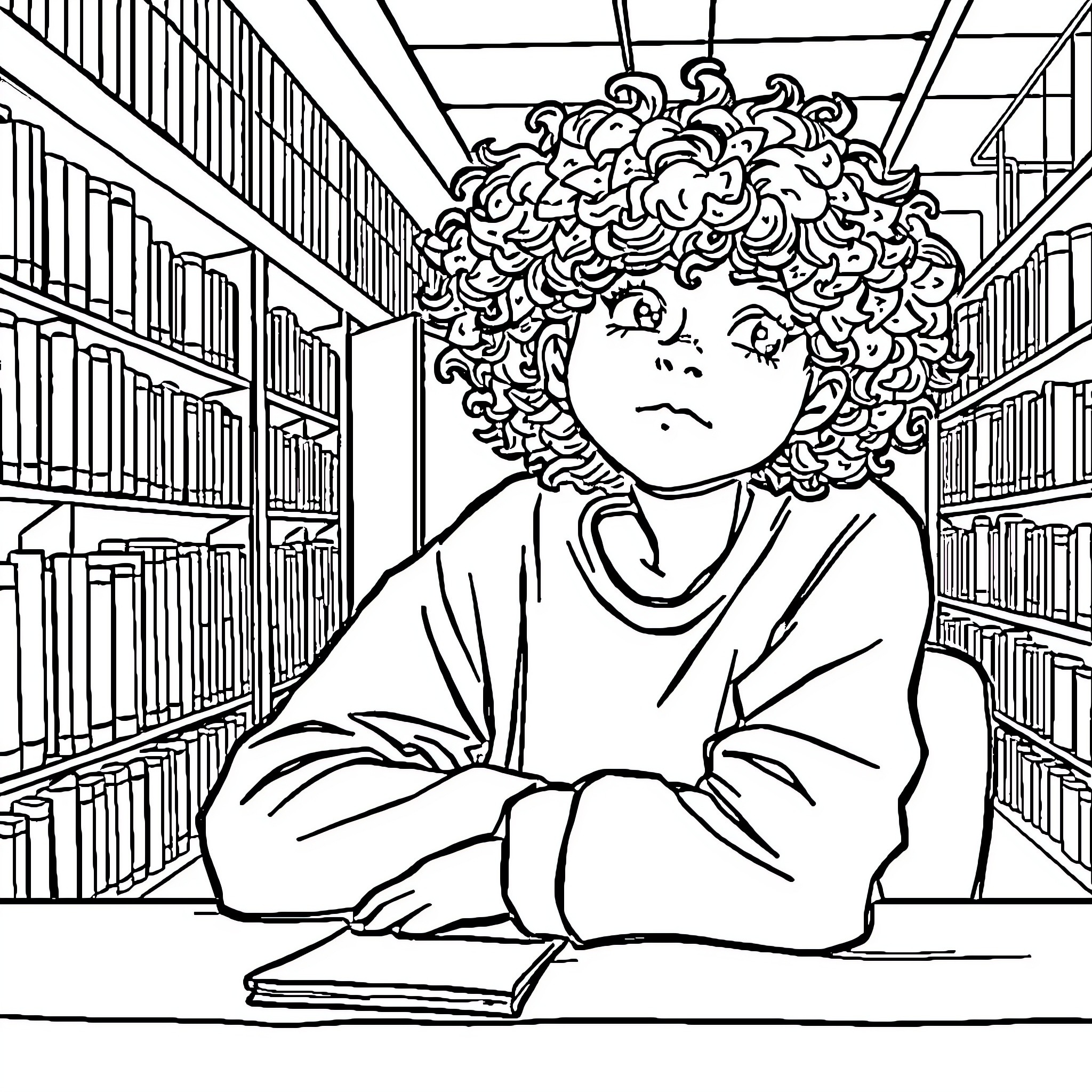 Student studying intently in the library Coloring Page (free black-and-white line drawing printable PDF for all, from beginners to advanced learners, including children, teens, adults, and seniors)