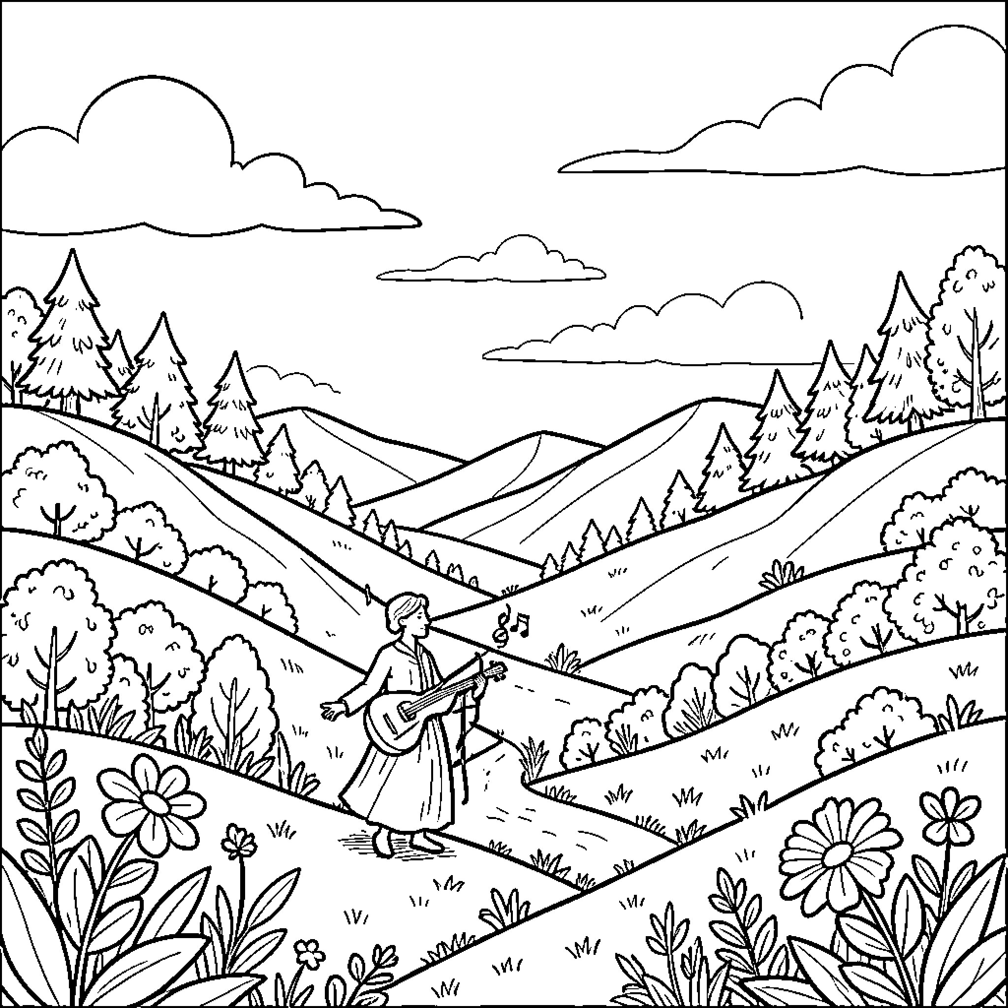 My Melodi playing guitar in the peaceful countryside Coloring Page (free black-and-white line drawing printable PDF for all, from beginners to advanced learners, including children, teens, adults, and seniors)