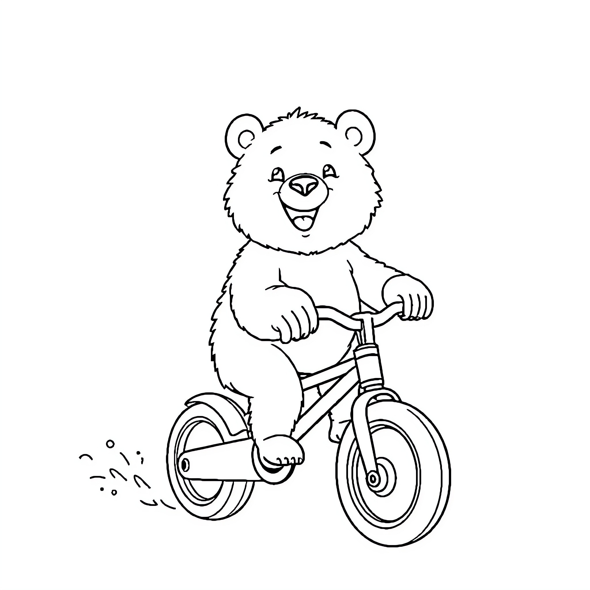 Polar Bear riding a bicycle happily Coloring Page (free black-and-white line drawing printable PDF for all, from beginners to advanced learners, including children, teens, adults, and seniors)