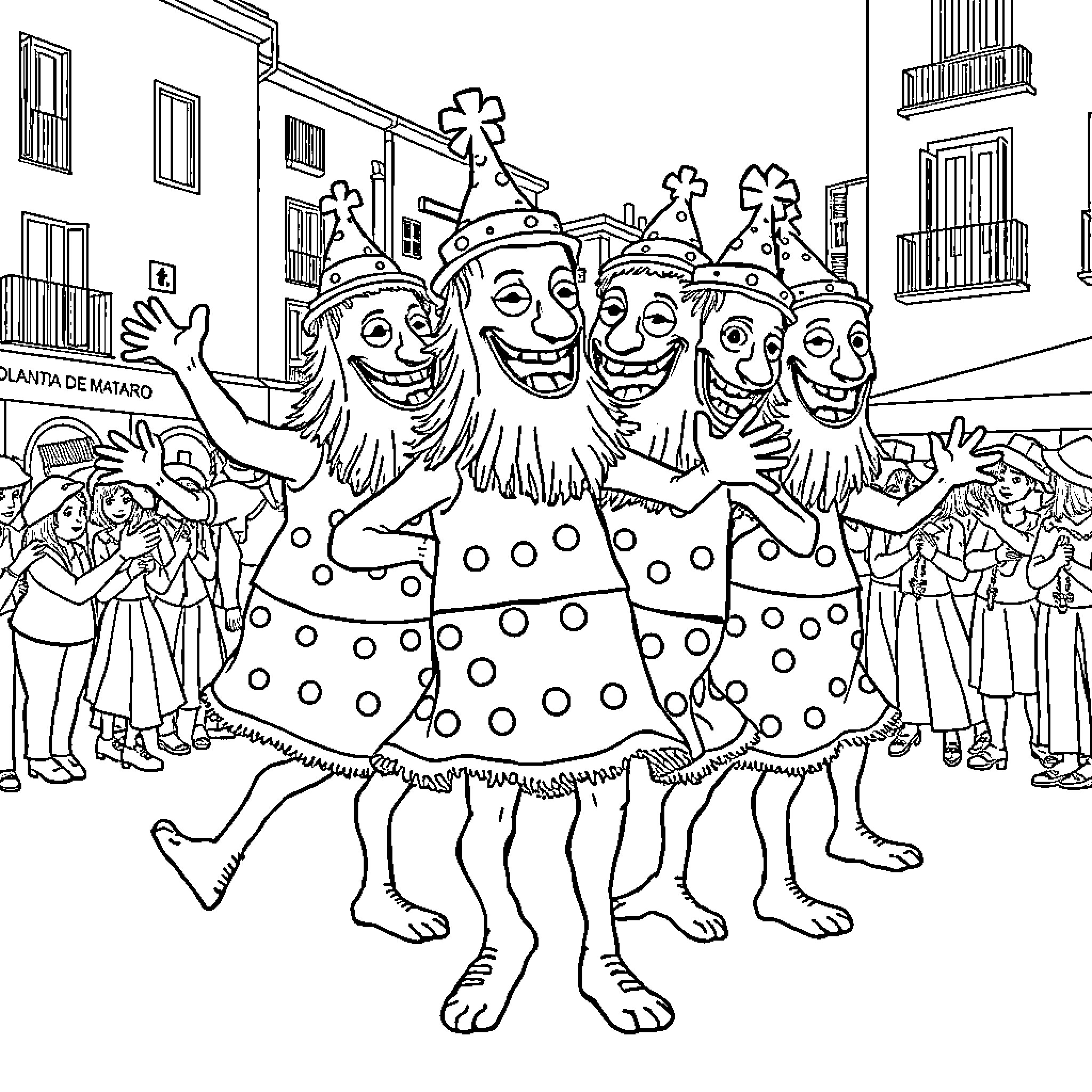 Giant Costumed Figures Celebrating at a Festival Coloring Page (free black-and-white line drawing printable PDF for all, from beginners to advanced learners, including children, teens, adults, and seniors)