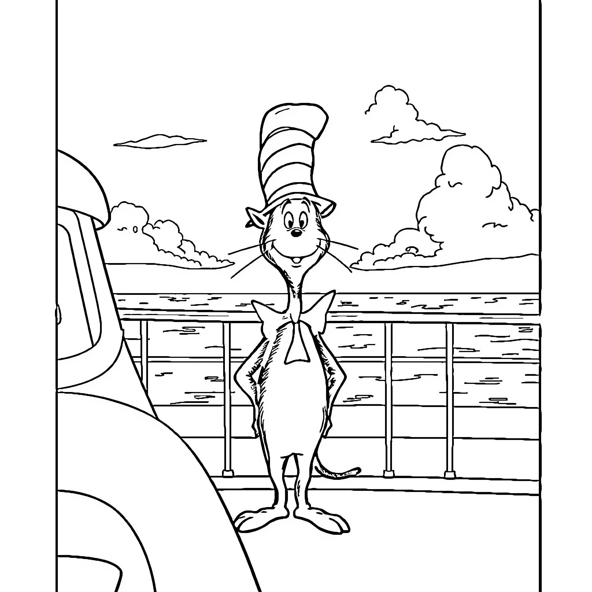 Cat in the Hat enjoying the view by the water Coloring Page (free black-and-white line drawing printable PDF for all, from beginners to advanced learners, including children, teens, adults, and seniors)
