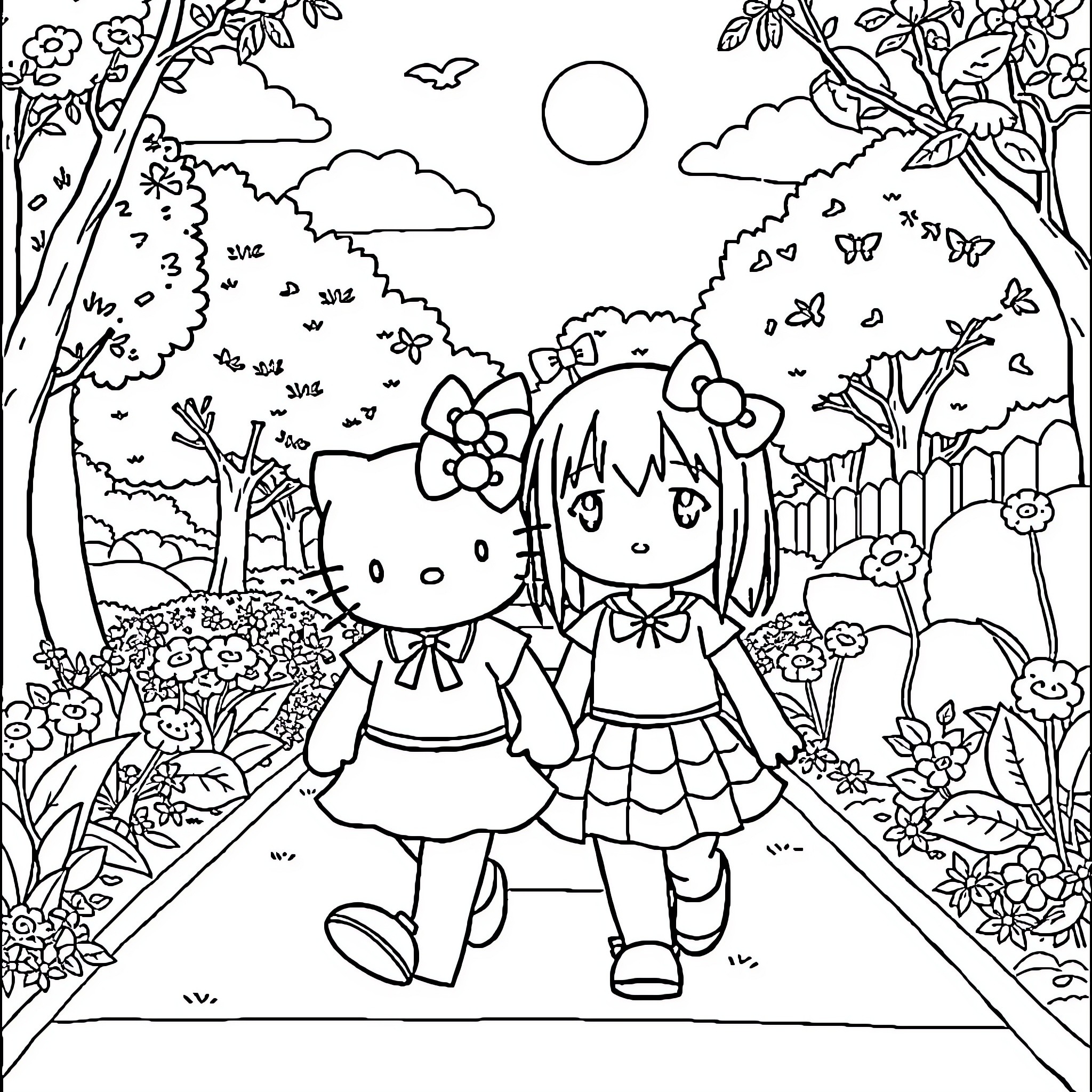 Kuromi and Pompompurin walking together in scenic nature Coloring Page (free black-and-white line drawing printable PDF for all, from beginners to advanced learners, including children, teens, adults, and seniors)