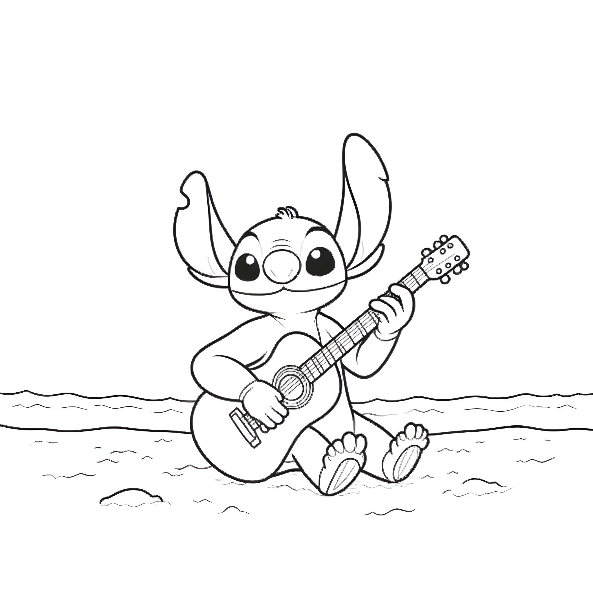 Stitch playing guitar on the beach Coloring Page (free black-and-white line drawing printable PDF for all, from beginners to advanced learners, including children, teens, adults, and seniors)