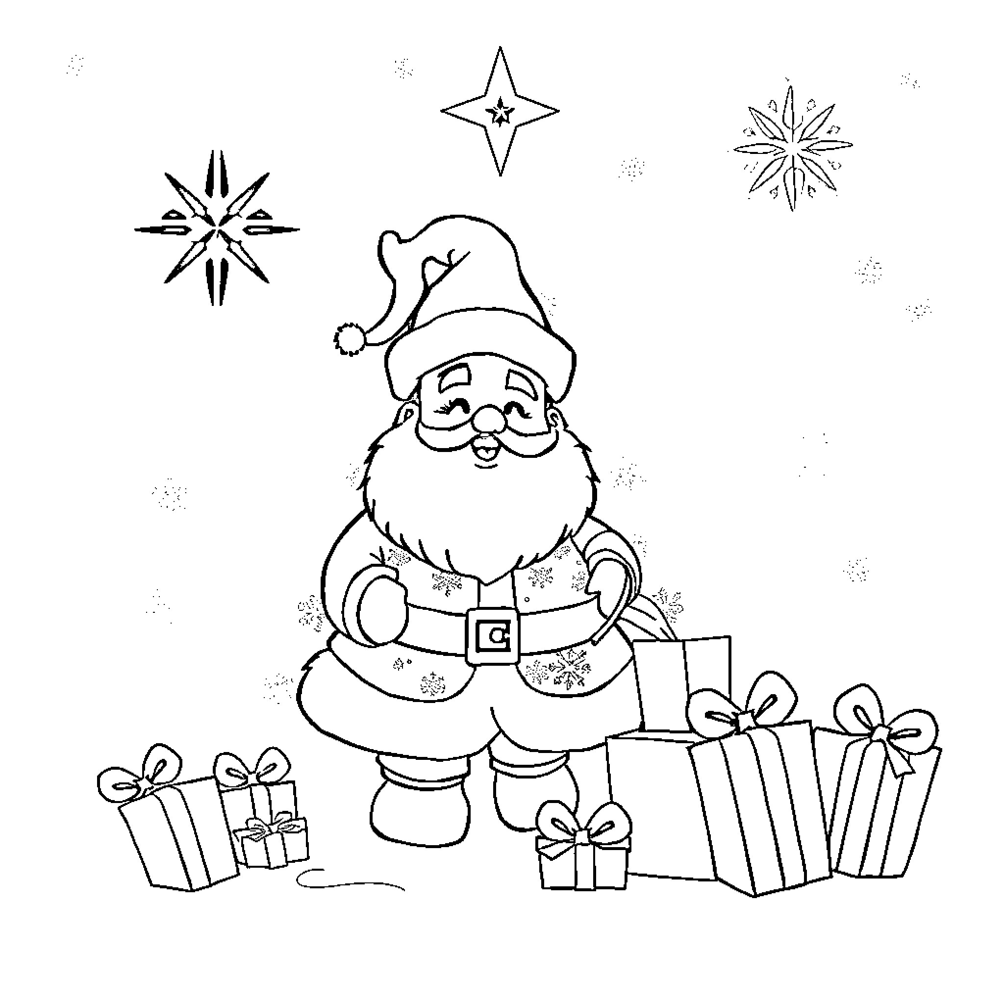 Christmas Santa Claus with Gifts and Decorations Coloring Page (free black-and-white line drawing printable PDF for all, from beginners to advanced learners, including children, teens, adults, and seniors)