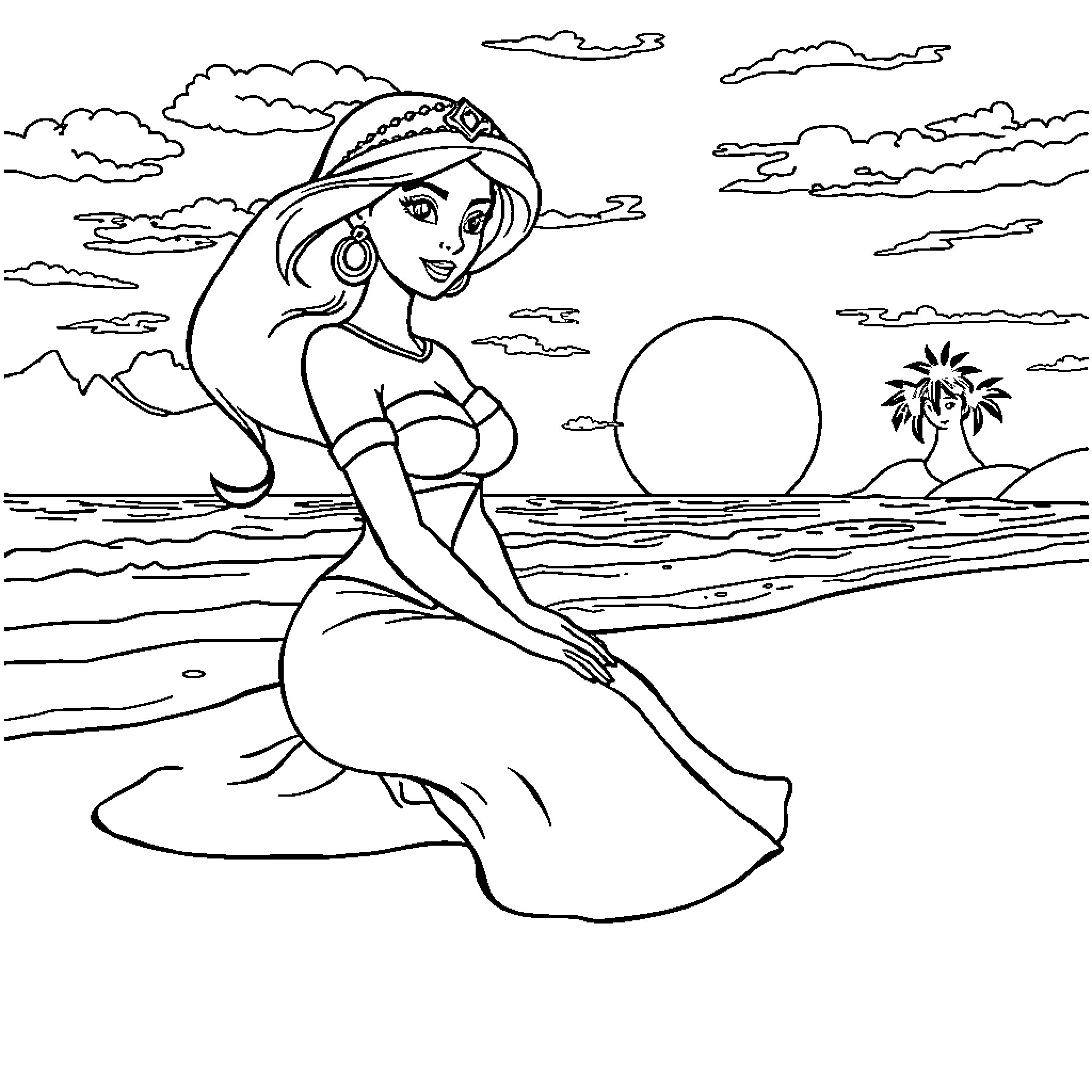 Princess Jasmine enjoying a sunset on the beach Coloring Page (free black-and-white line drawing printable PDF for all, from beginners to advanced learners, including children, teens, adults, and seniors)