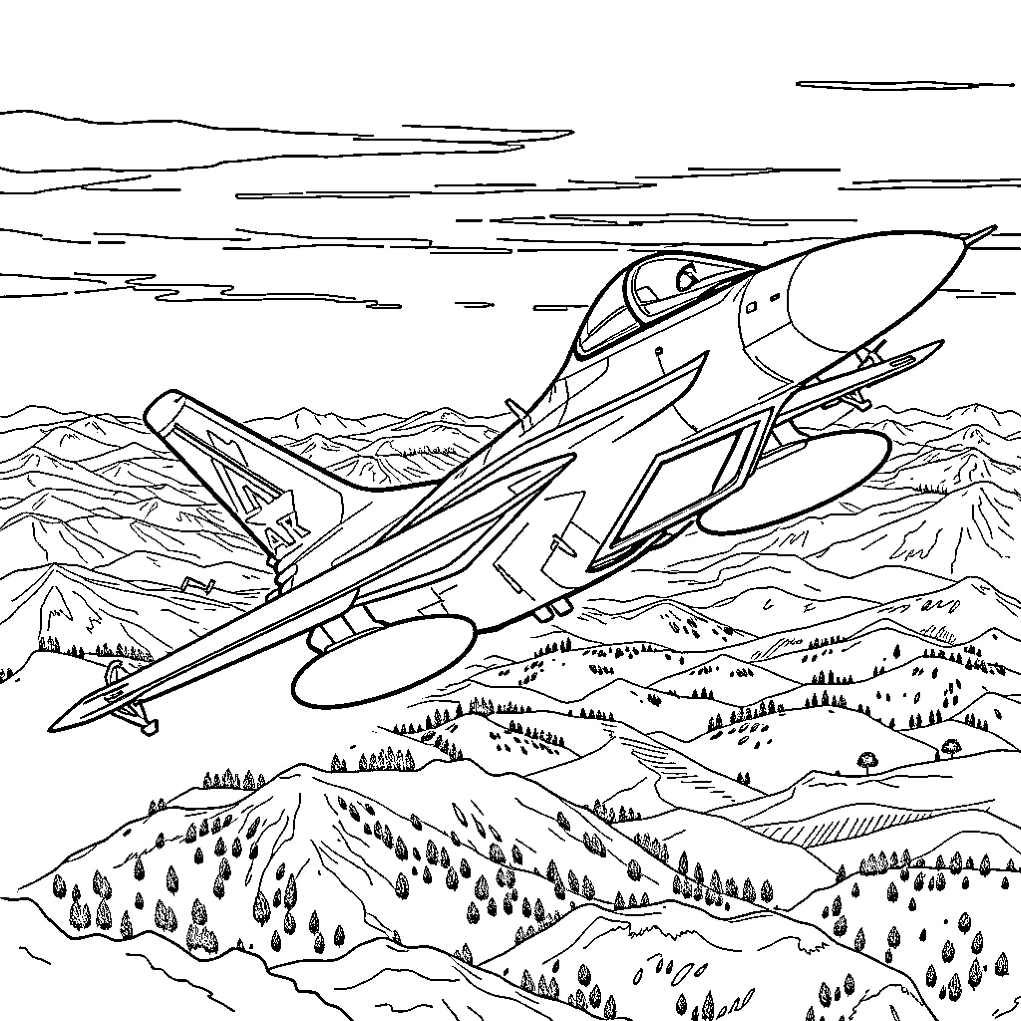 FA 18 Jet Aircraft Soaring Over Mountainous Terrain Coloring Page (free black-and-white line drawing printable PDF for all, from beginners to advanced learners, including children, teens, adults, and seniors)