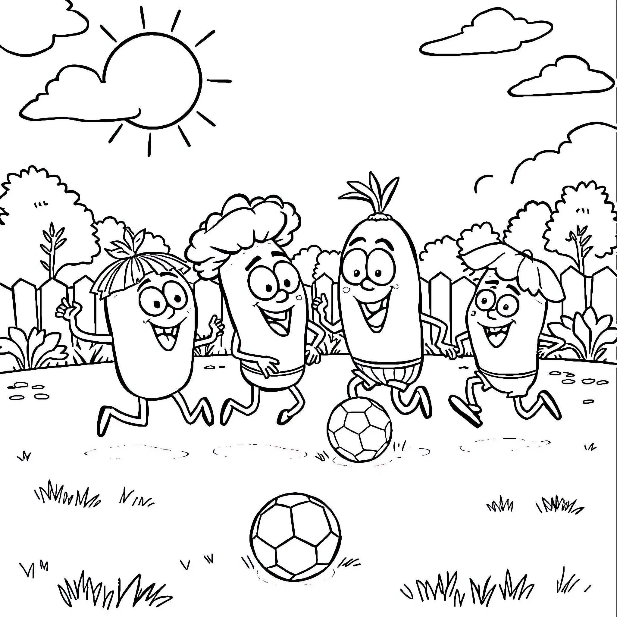 VeggieTales characters playing soccer in the park Coloring Page (free black-and-white line drawing printable PDF for all, from beginners to advanced learners, including children, teens, adults, and seniors)