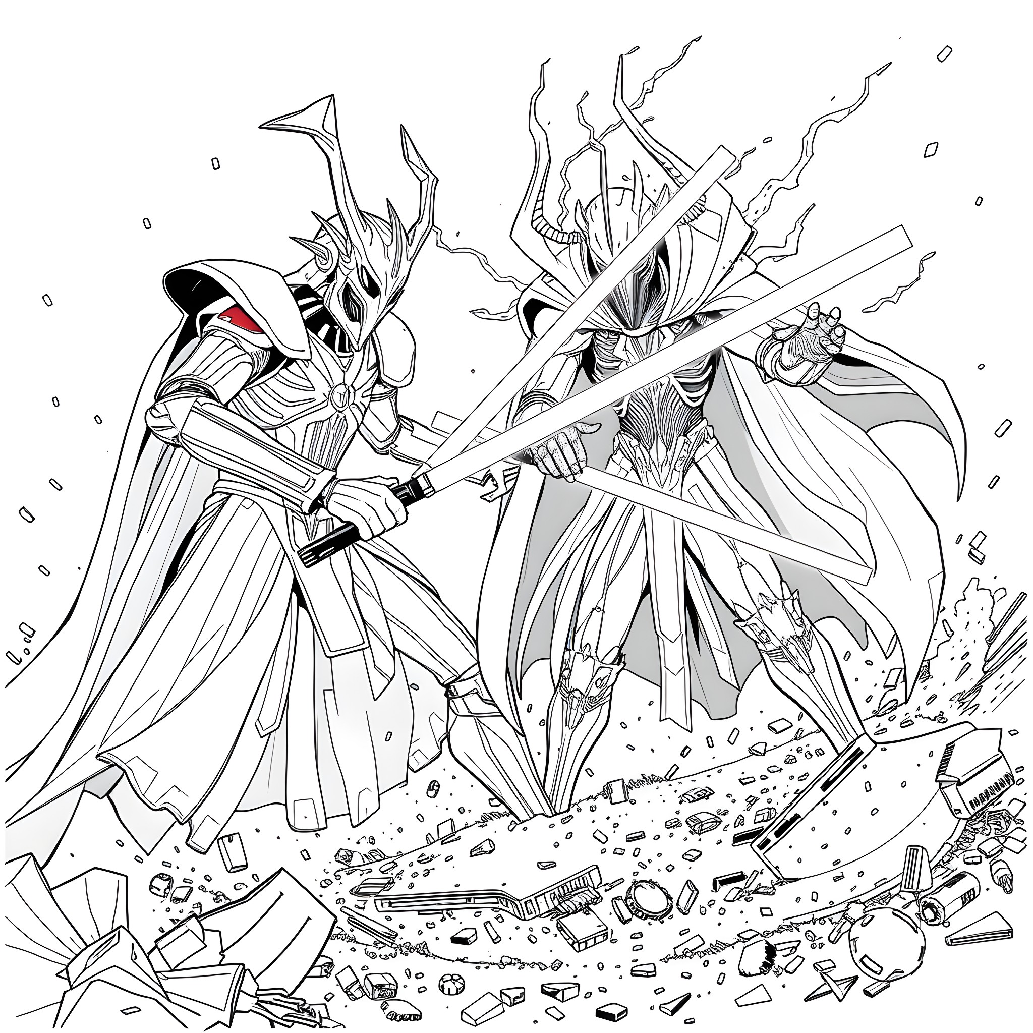 General Grievous in Epic Battle with Lightsabers Coloring Page (free black-and-white line drawing printable PDF for all, from beginners to advanced learners, including children, teens, adults, and seniors)