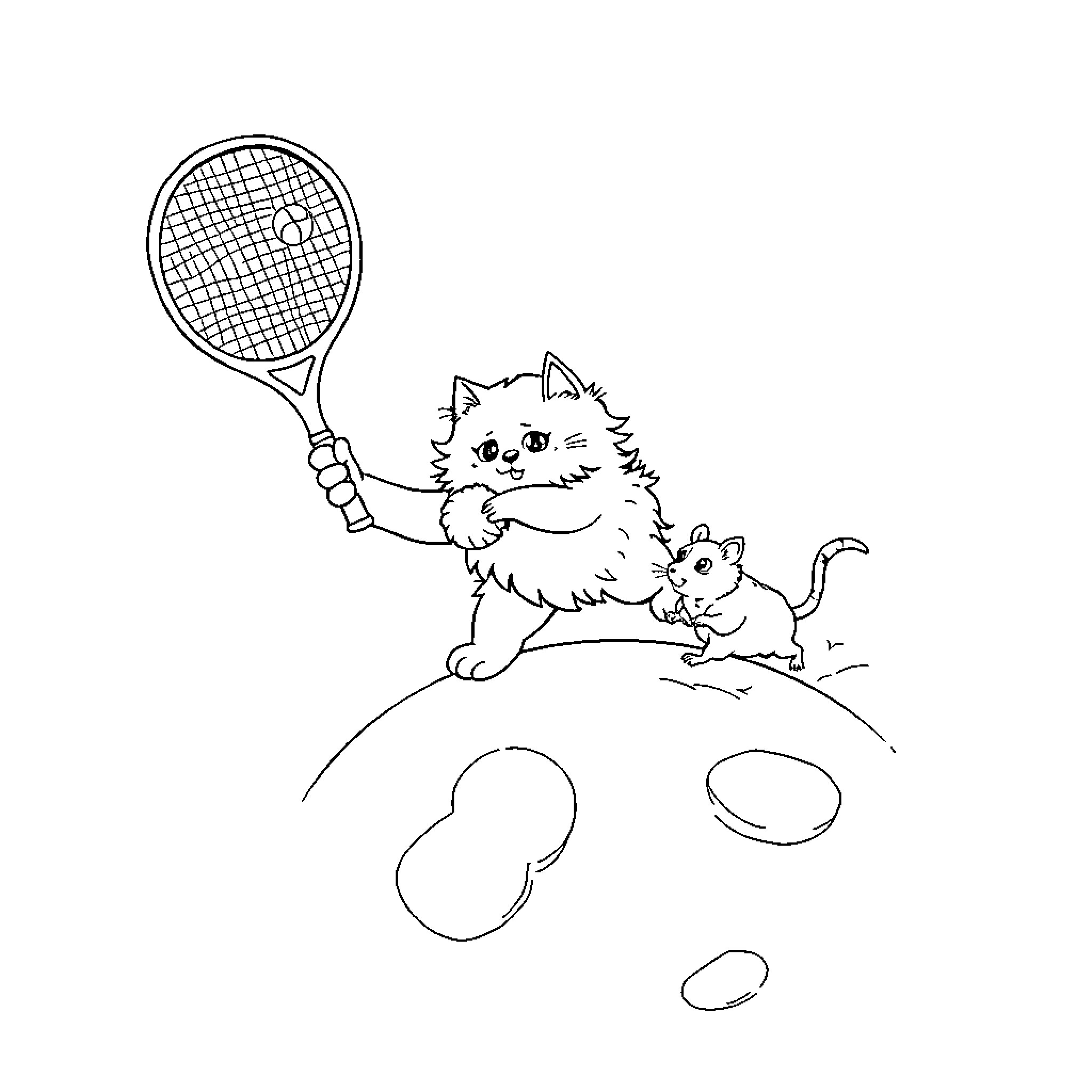 Cat playing tennis with its kitten Coloring Page (free black-and-white line drawing printable PDF for all, from beginners to advanced learners, including children, teens, adults, and seniors)