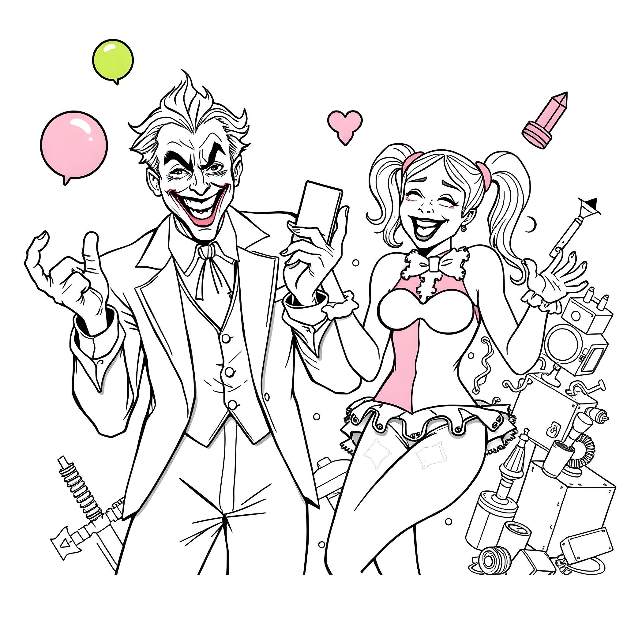 Joker and Harley Quinn's Playful Antics Coloring Page (free black-and-white line drawing printable PDF for all, from beginners to advanced learners, including children, teens, adults, and seniors)